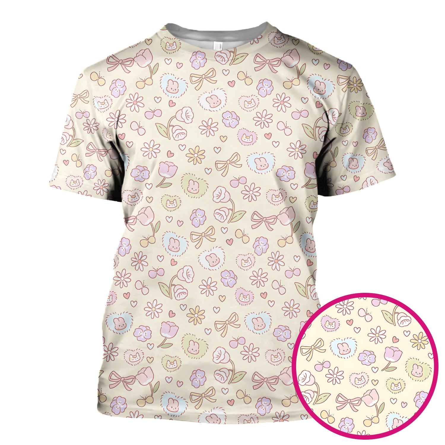 Pastel Bunny Flower Heart Pattern Nurse Scrub Top, Comfortable Scrubs for Nurses