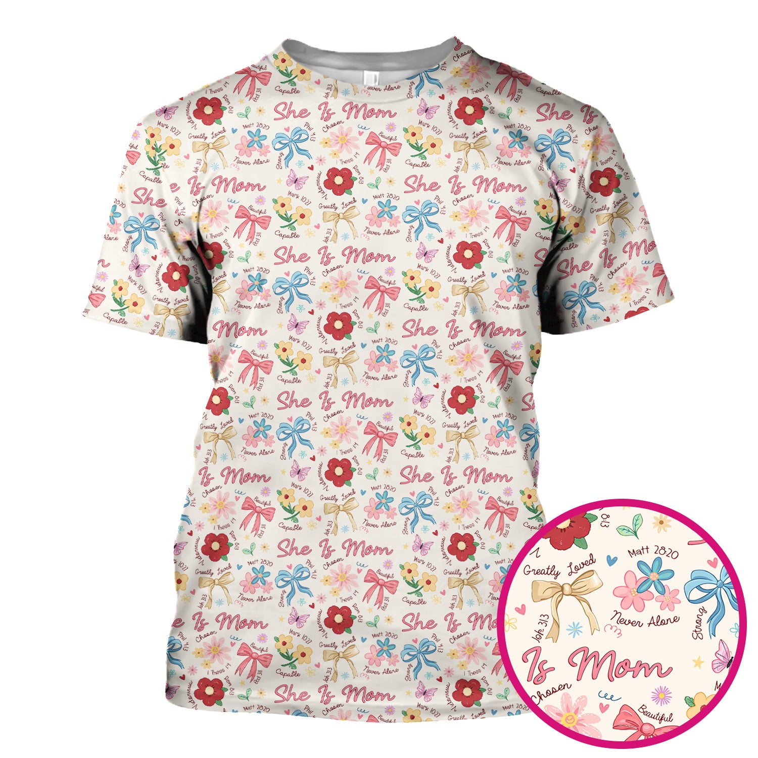 She Is Mom Floral Bow Pattern Scrub Top, Comfortable Scrubs for Nurses