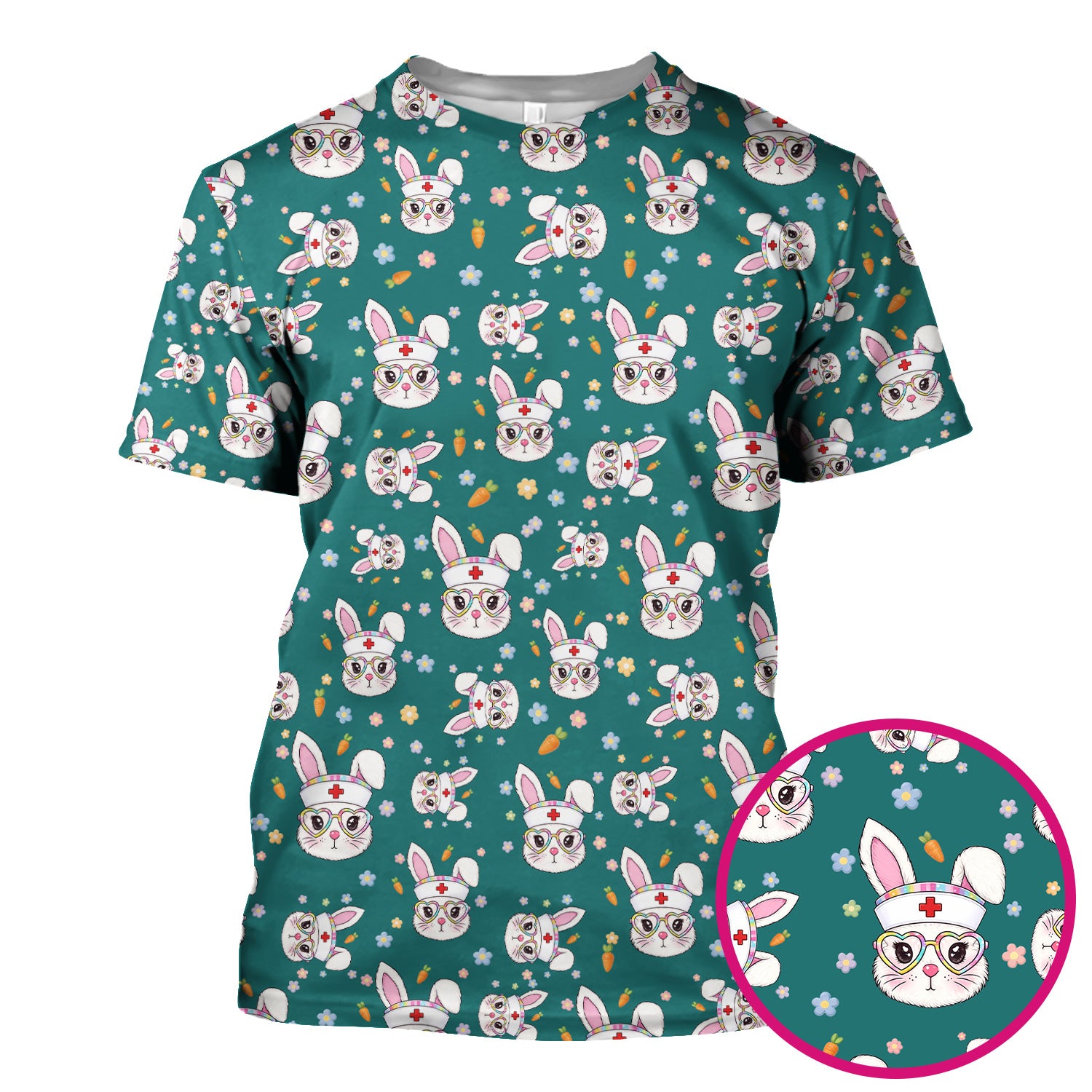 Cute Easter Bunny Nurse Pattern Scrub Top, Breathable Fabrics Nursing Uniform