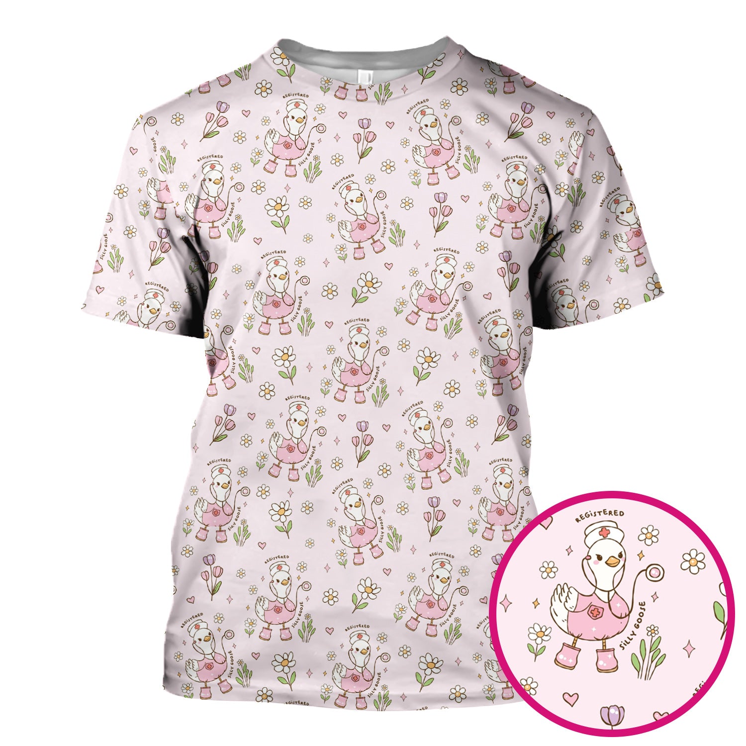 Funny Nurse Goose Daisy Print Scrub Top, Breathable Fabrics Nursing Uniform