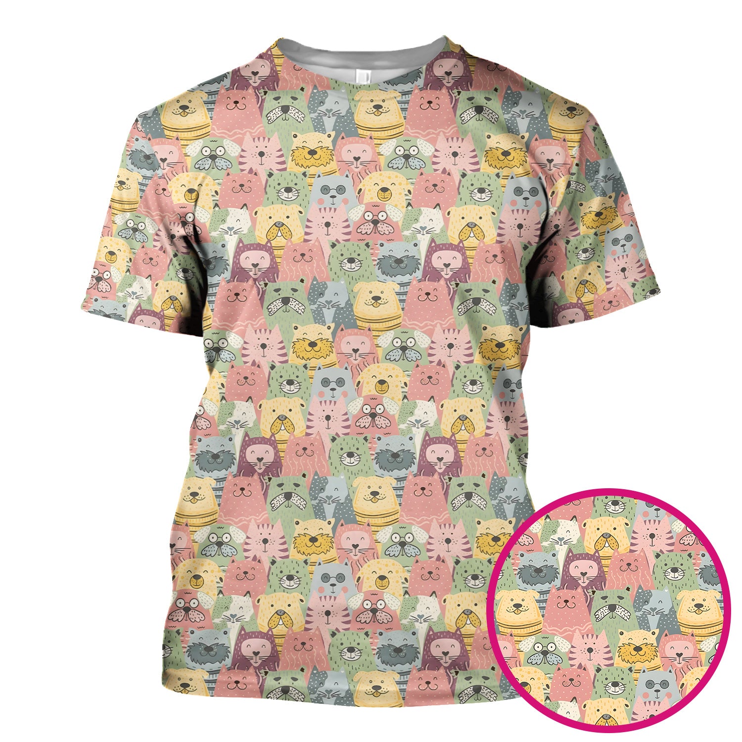 Cartoon Cat & Dog Faces Pattern Scrub Top, Comfortable Scrubs for Nurses