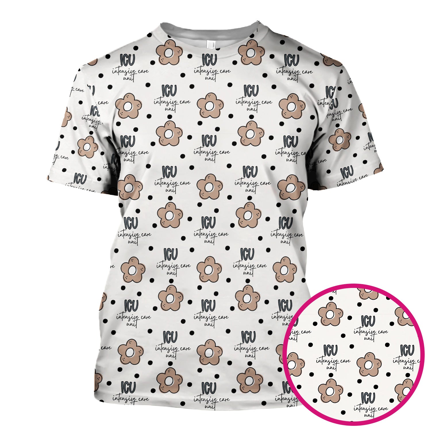 Cute ICU Nurse Flower Polka Dot Pattern Scrub Top, Comfortable Scrubs for Nurses