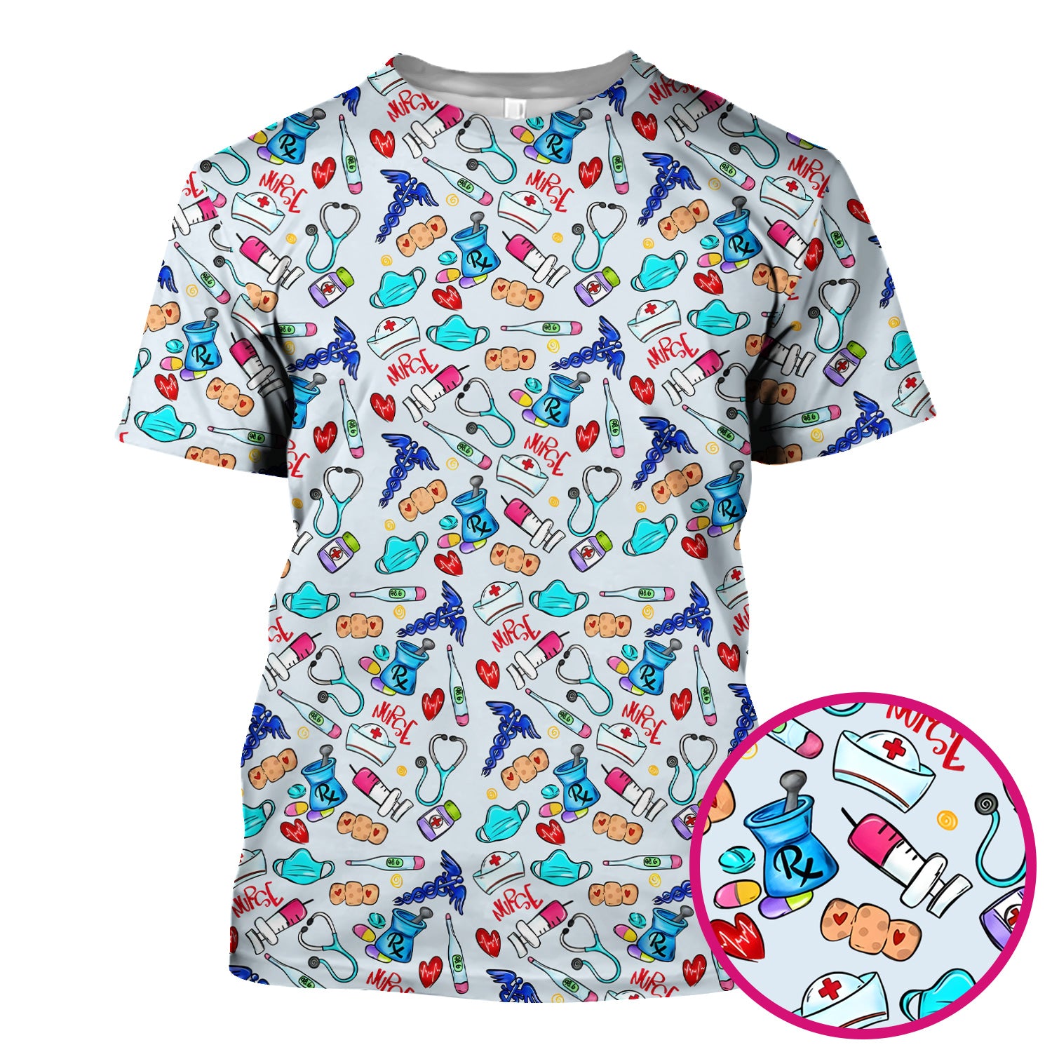 Nurse Medical Icons Stethoscope Heart Pattern Scrub Top, Comfortable Scrubs for Nurses