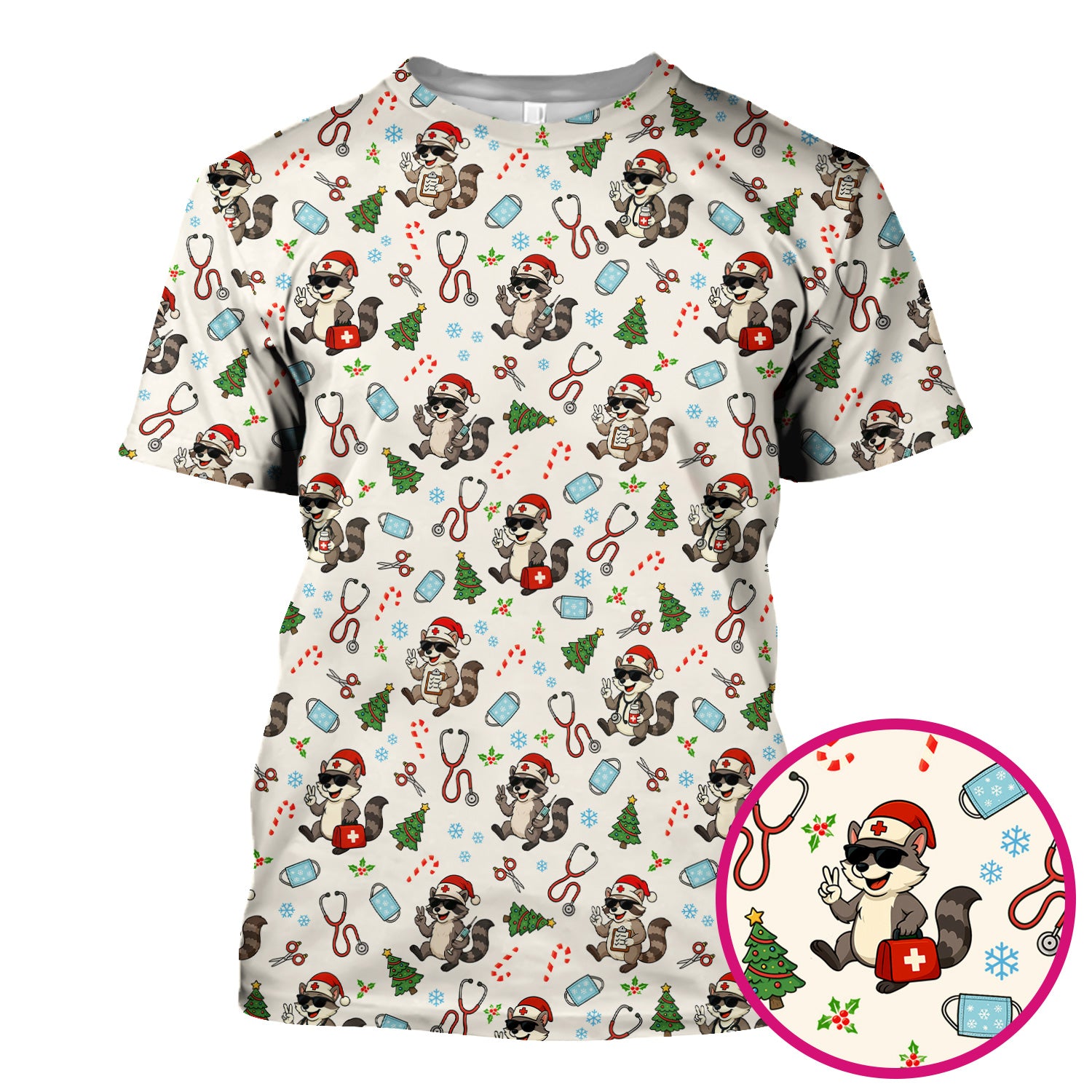 Christmas Scrub Top for Nurses - Funny Raccoon and Medical Tools Pattern - Festive Holiday Nurse Scrubs Shirt Gift for Women RN LPN CNA