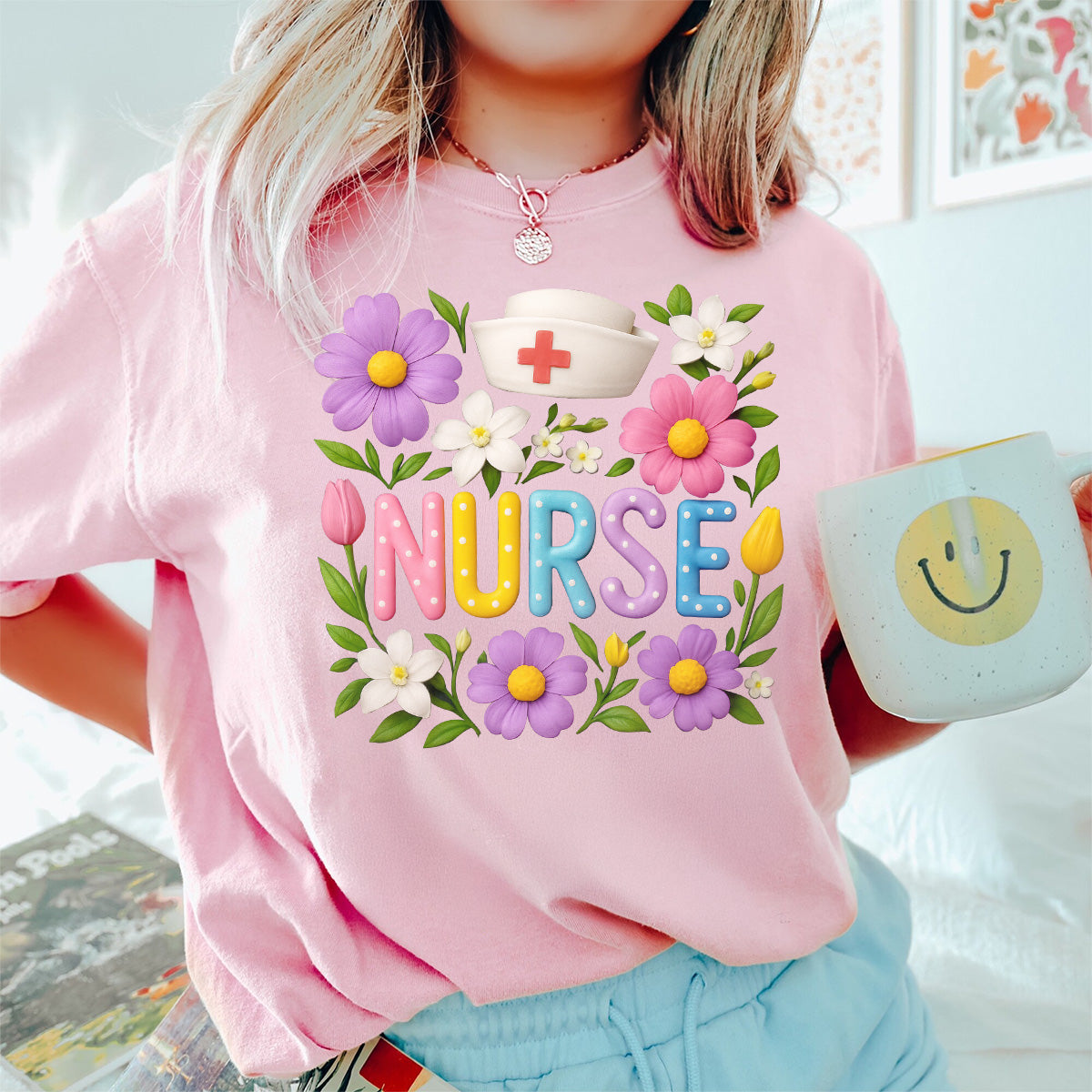 Cute Floral Nurse Shirt for Women – Colorful Spring Design with Hat & Flowers – Appreciation Gift for RN CNA LPN