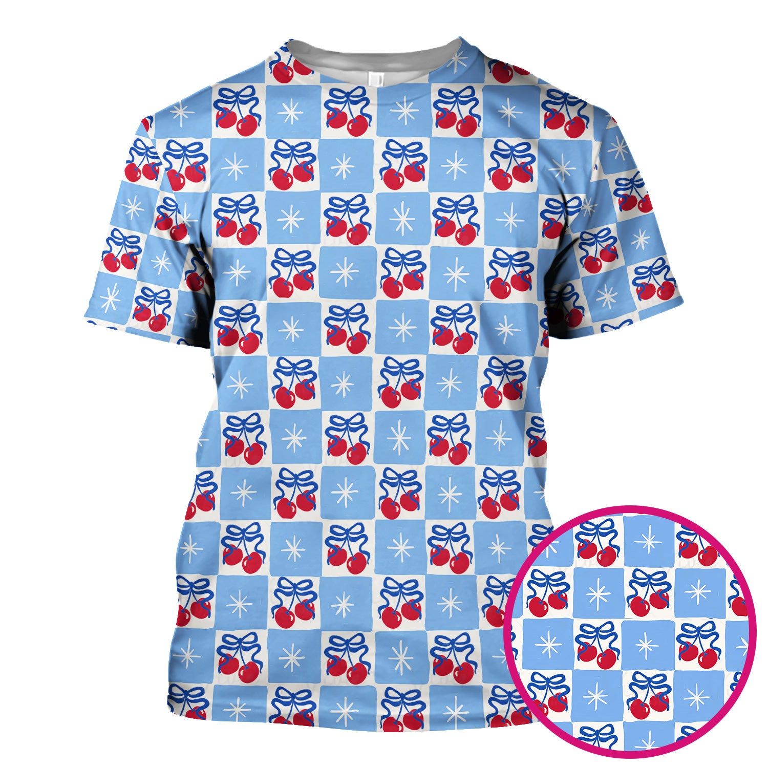 Cute Cherry Bow With Blue Gingham Check Pattern Scrub Top, Comfortable Scrubs for Nurses