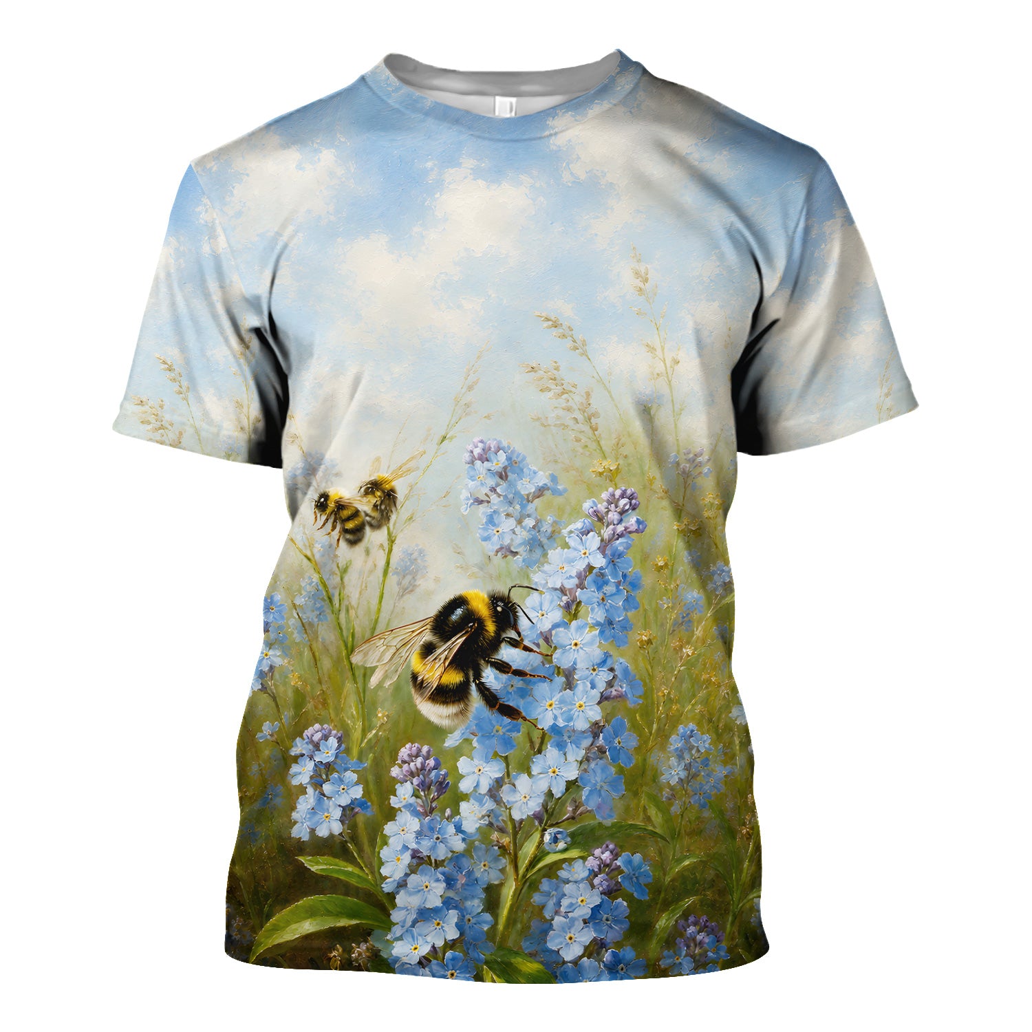 Whimsical Bumblebee Blue Blossom Pattern Scrub Top, Comfortable Scrubs for Nurses