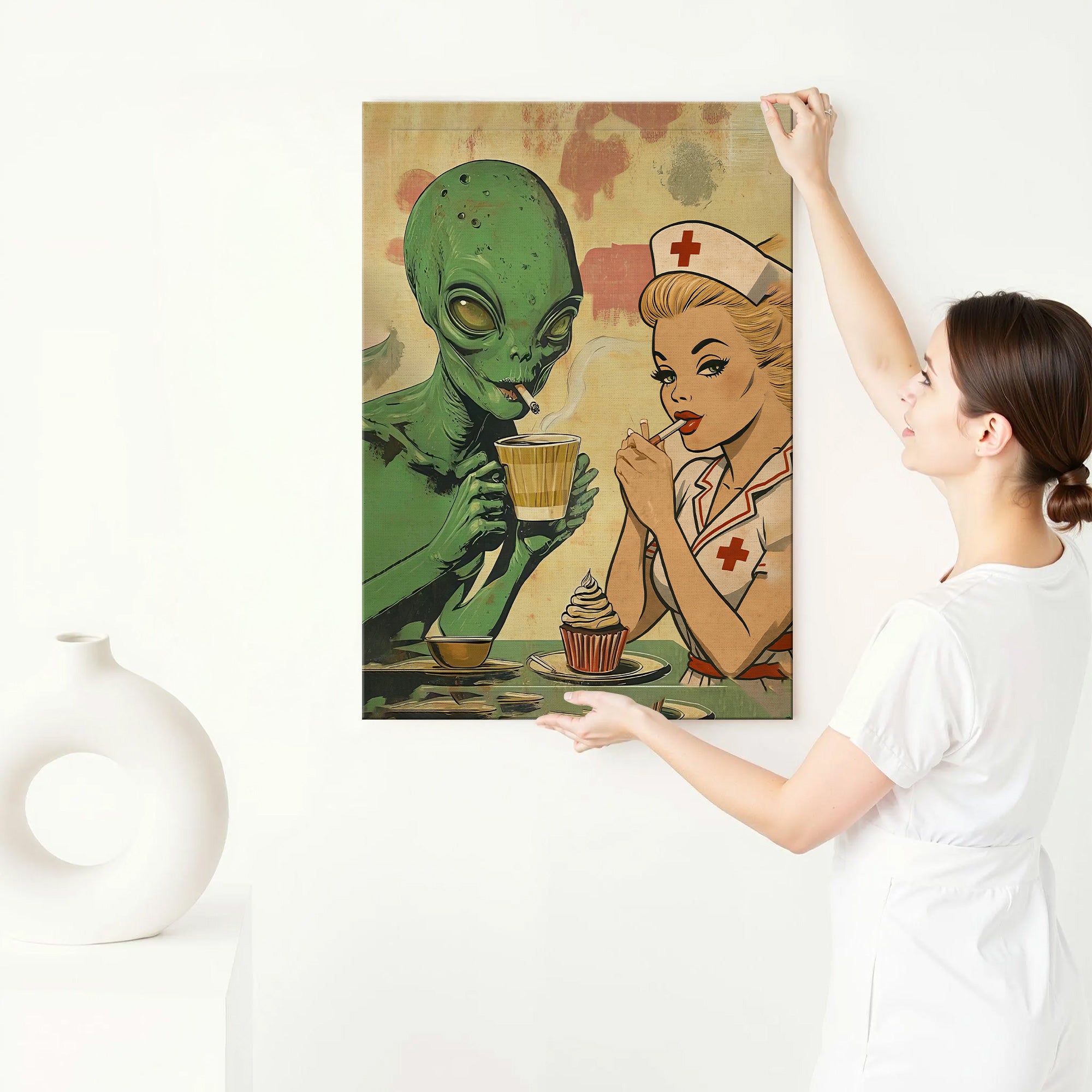 Funny Vintage Nurse & Alien Canvas, Retro Pop Art Smoking & Coffee Time Wall Art, RN LPN CNA Gift