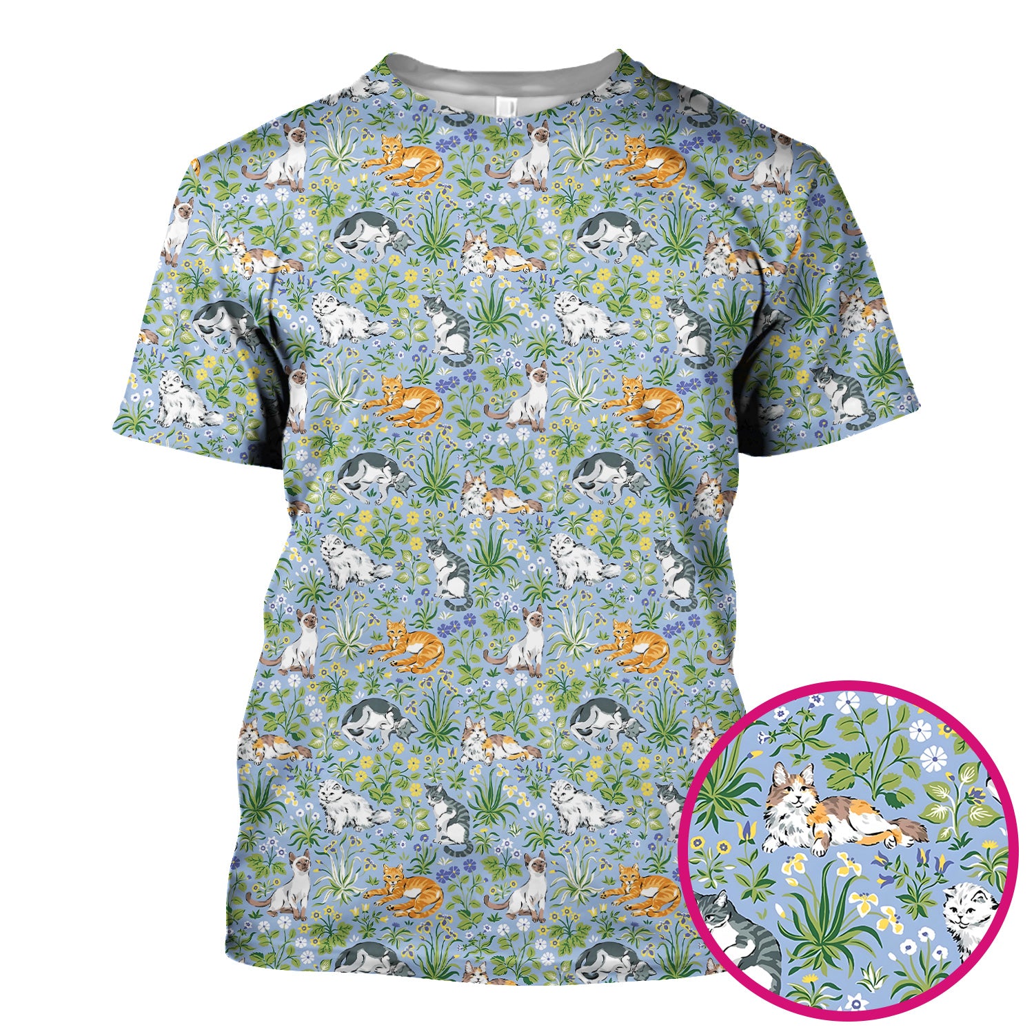 Cute Floral Cat Garden Pattern Scrub Top, Comfortable Scrubs for Nurses