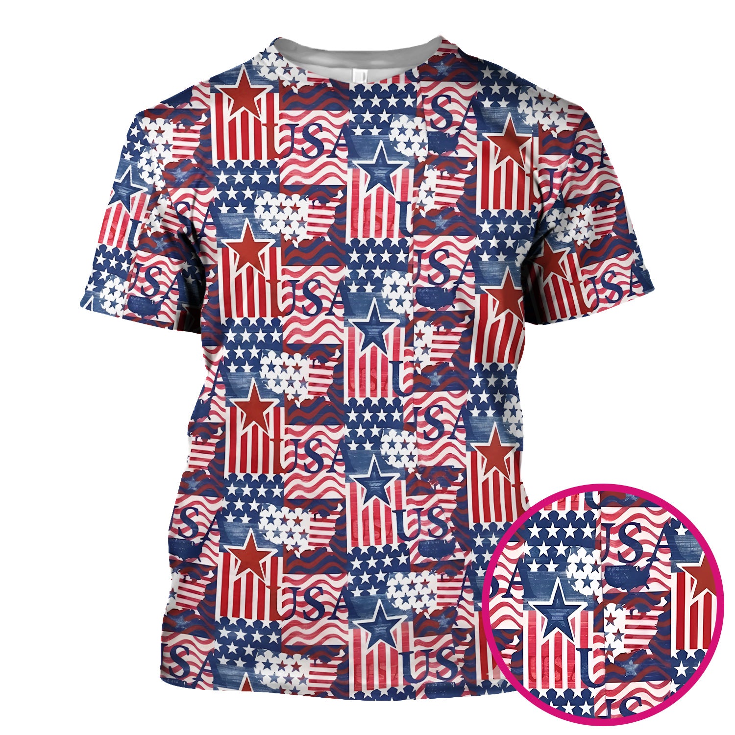 Patriotic USA Star Patchwork Pattern Scrub Top, Comfortable Scrubs for Nurses