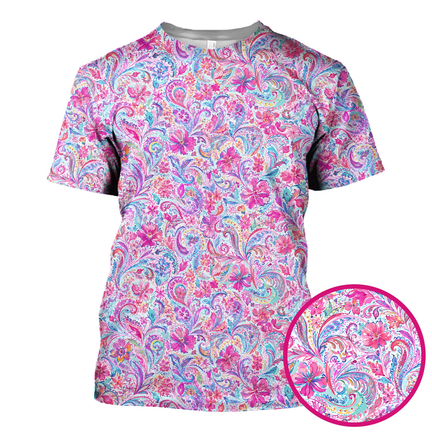 Elegant Pink Paisley Blossom Pattern Scrub Top, Comfortable Scrubs for Nurses