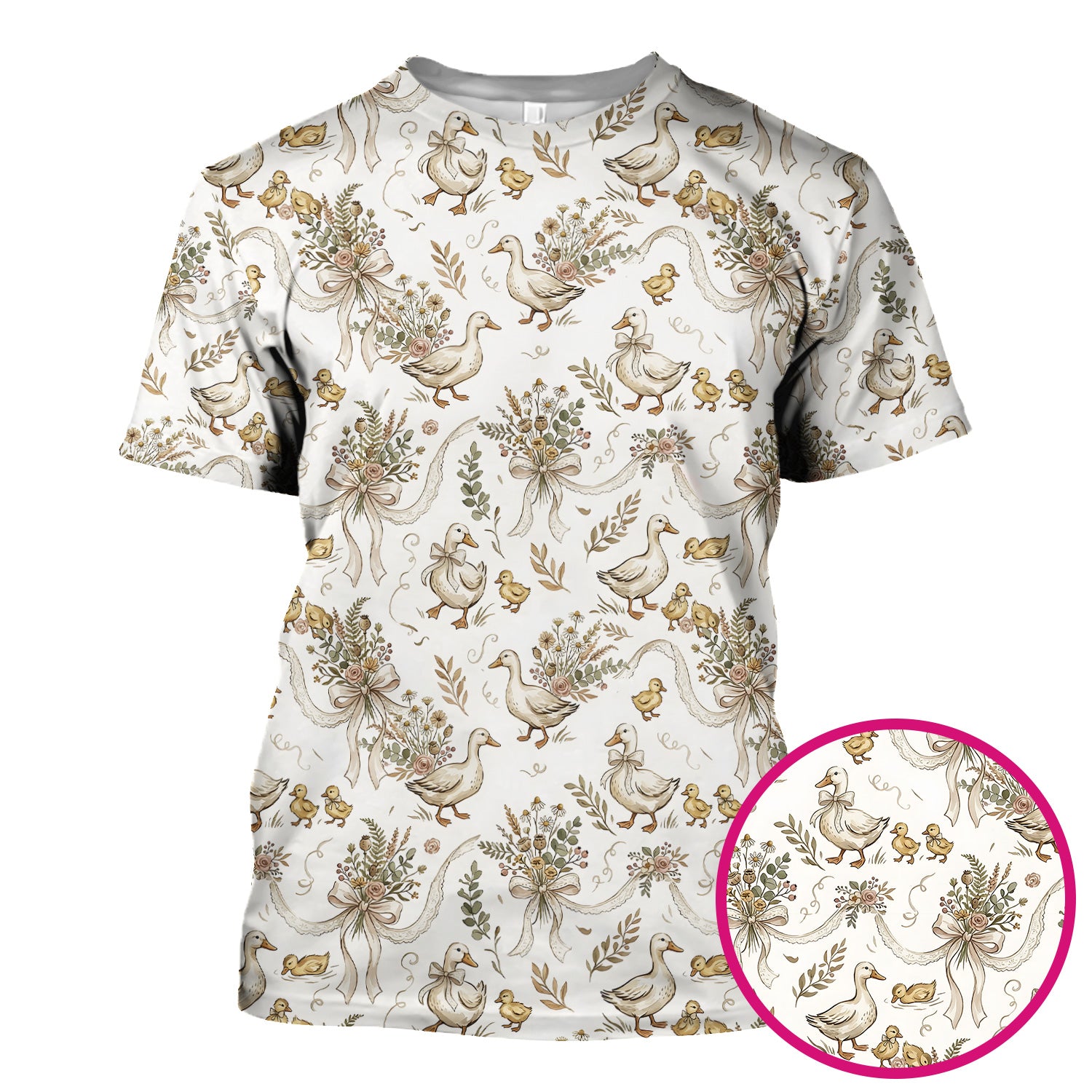 Vintage Duck Family Ribbon Floral Pattern Nurse Scrub Top, Breathable Fabrics Nursing Uniform