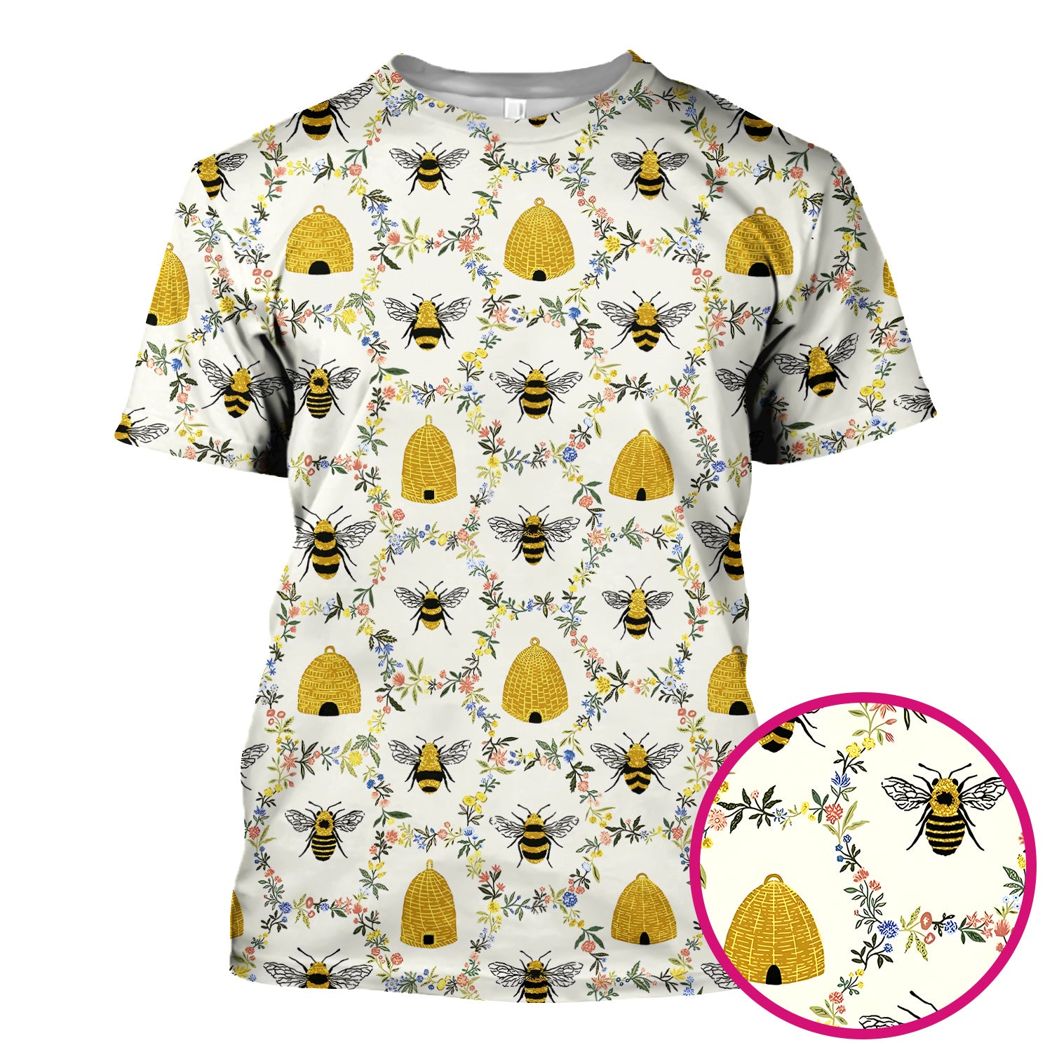 Honey Bee Beehive Floral Pattern Scrub Top, Comfortable Scrubs for Nurses