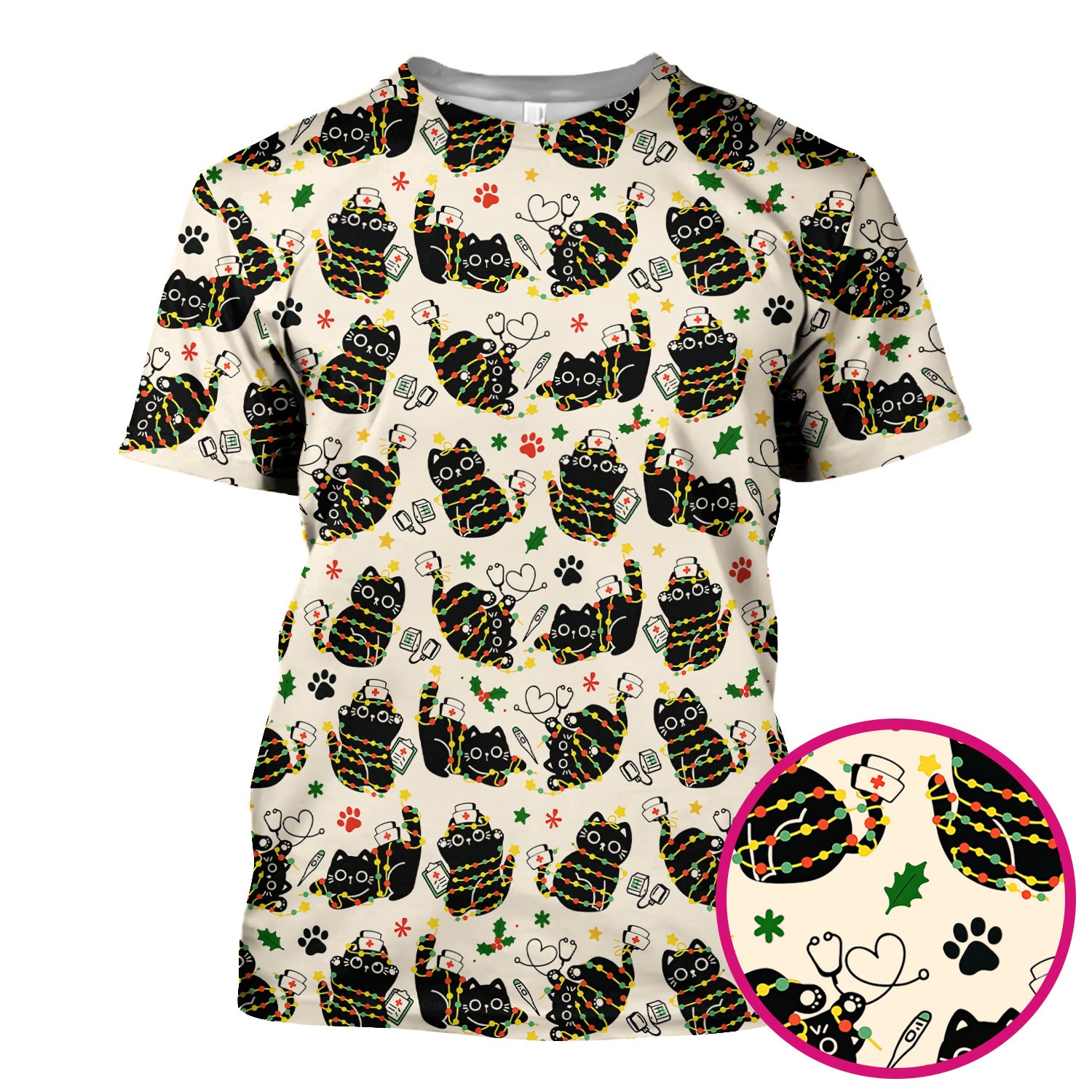 Black Cat Christmas Scrub Top – Nurse & Holiday Lights Pattern Shirt – Cute Medical Uniform For Nursing