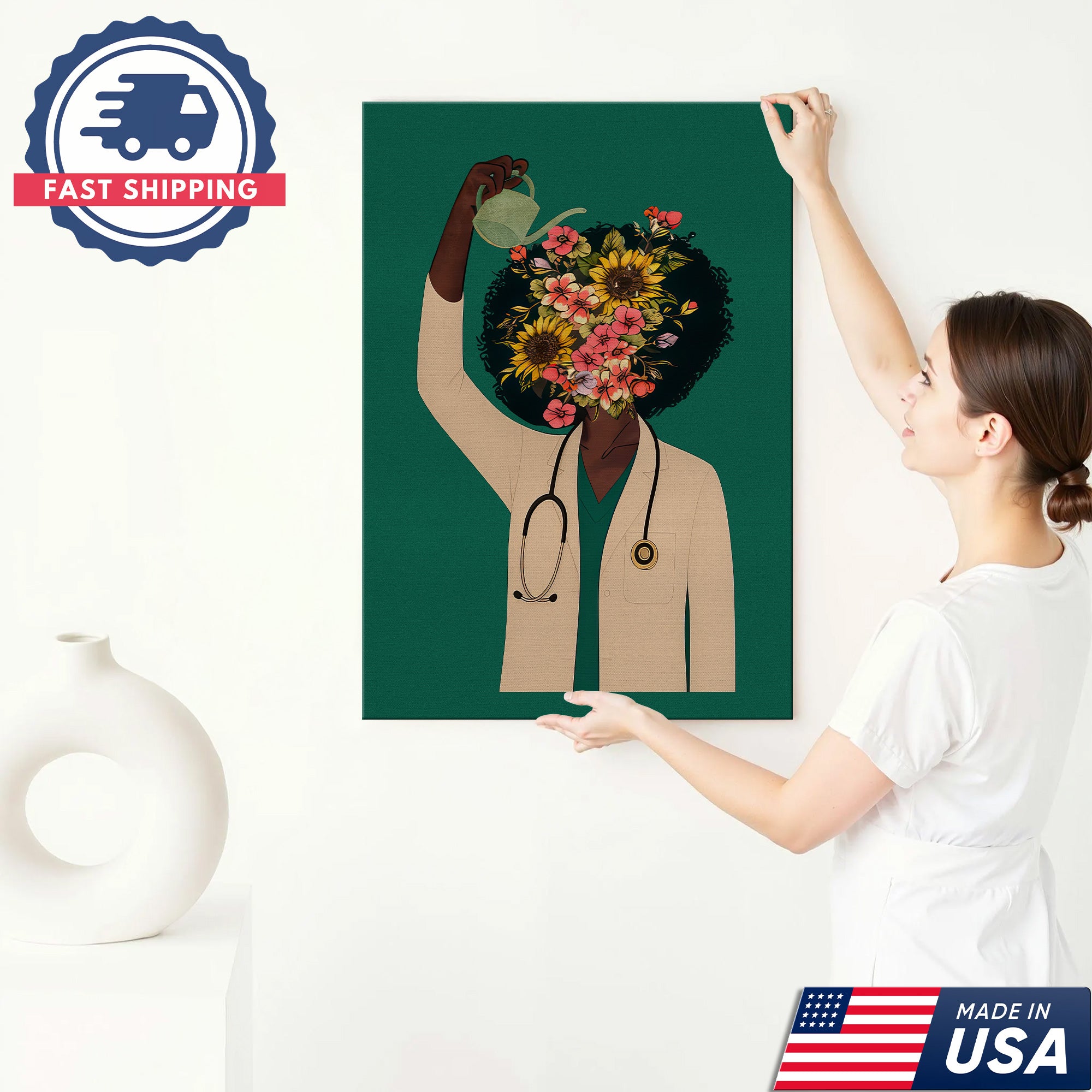 Nurse Floral Canvas Wall Art, Inspirational Medical Office Decor, RN LPN CNA Healthcare Workers Gift