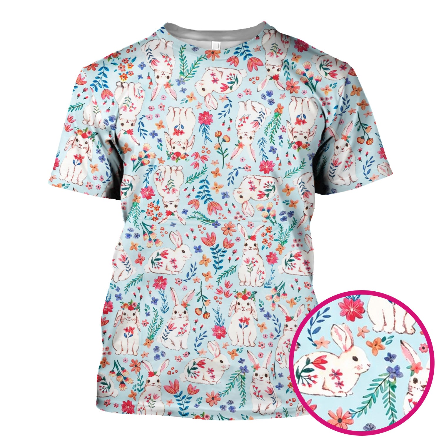 Springtime Bunny Floral Pattern Scrub Top, Breathable Fabric Scrubs for Nurses
