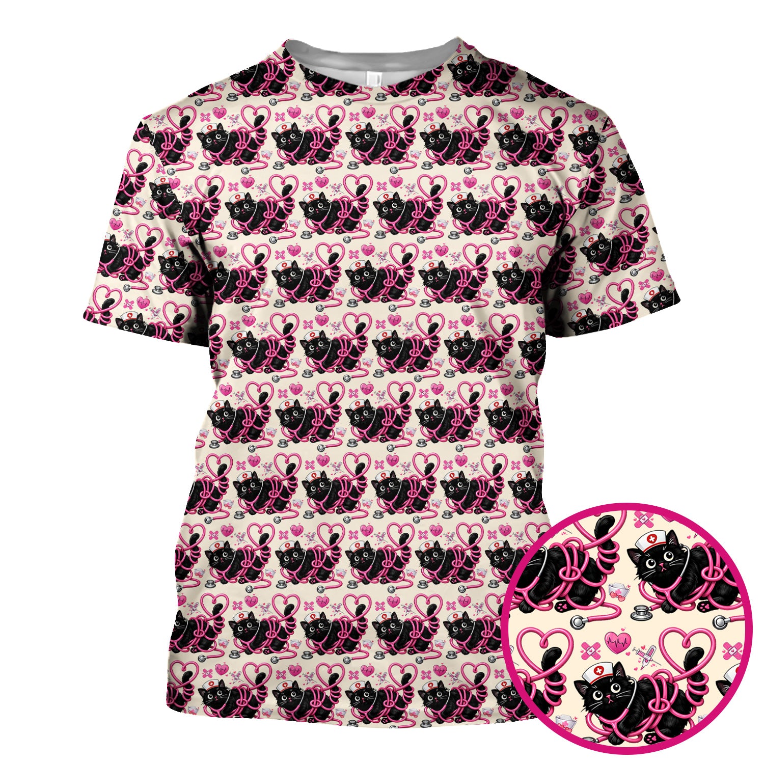 Valentine Cute Cat Nurse Heart Print Scrub Top, Comfortable Scrubs for Nurses