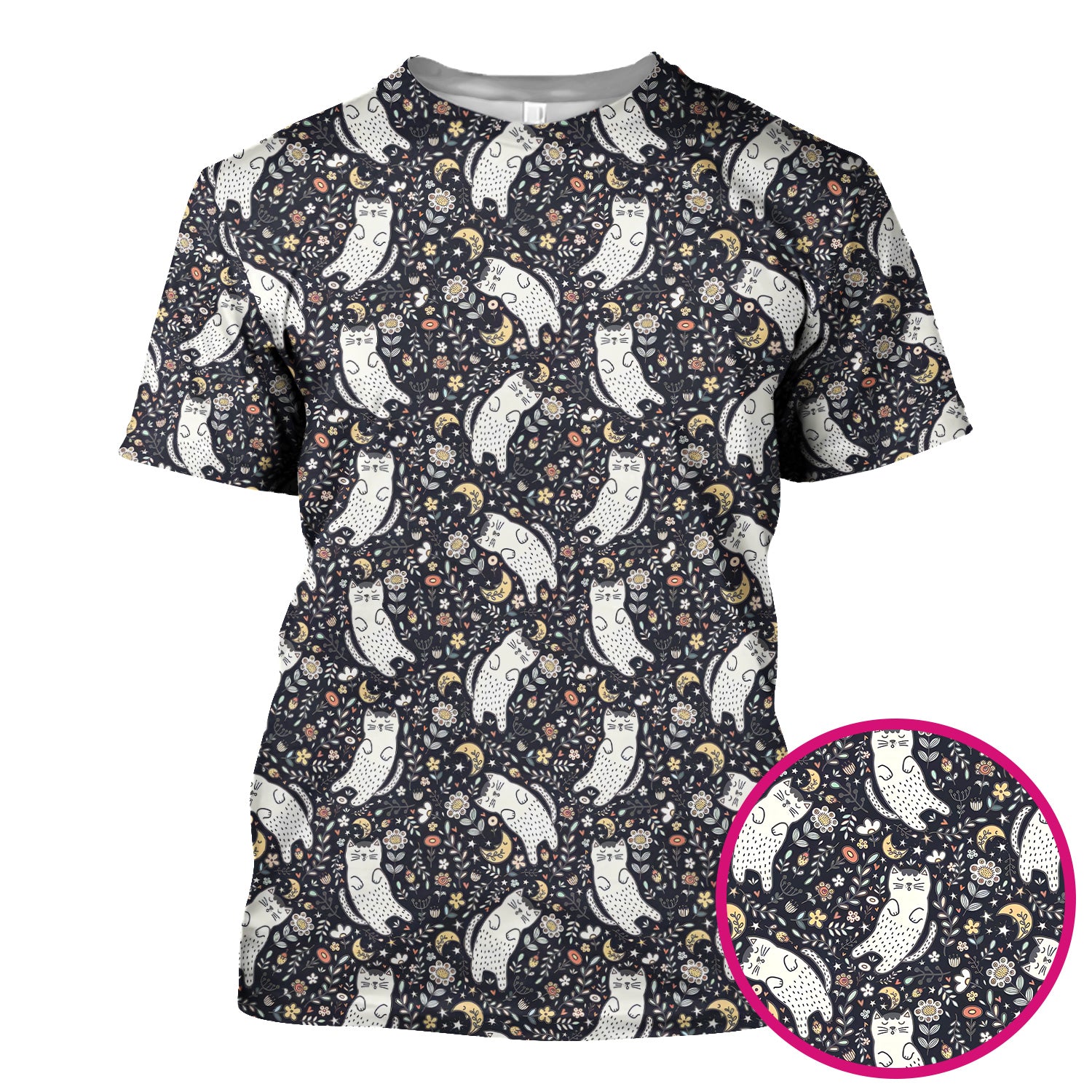 Moonlit Floral Cat Seamless Pattern Scrub Top, Comfortable Scrubs for Nurses