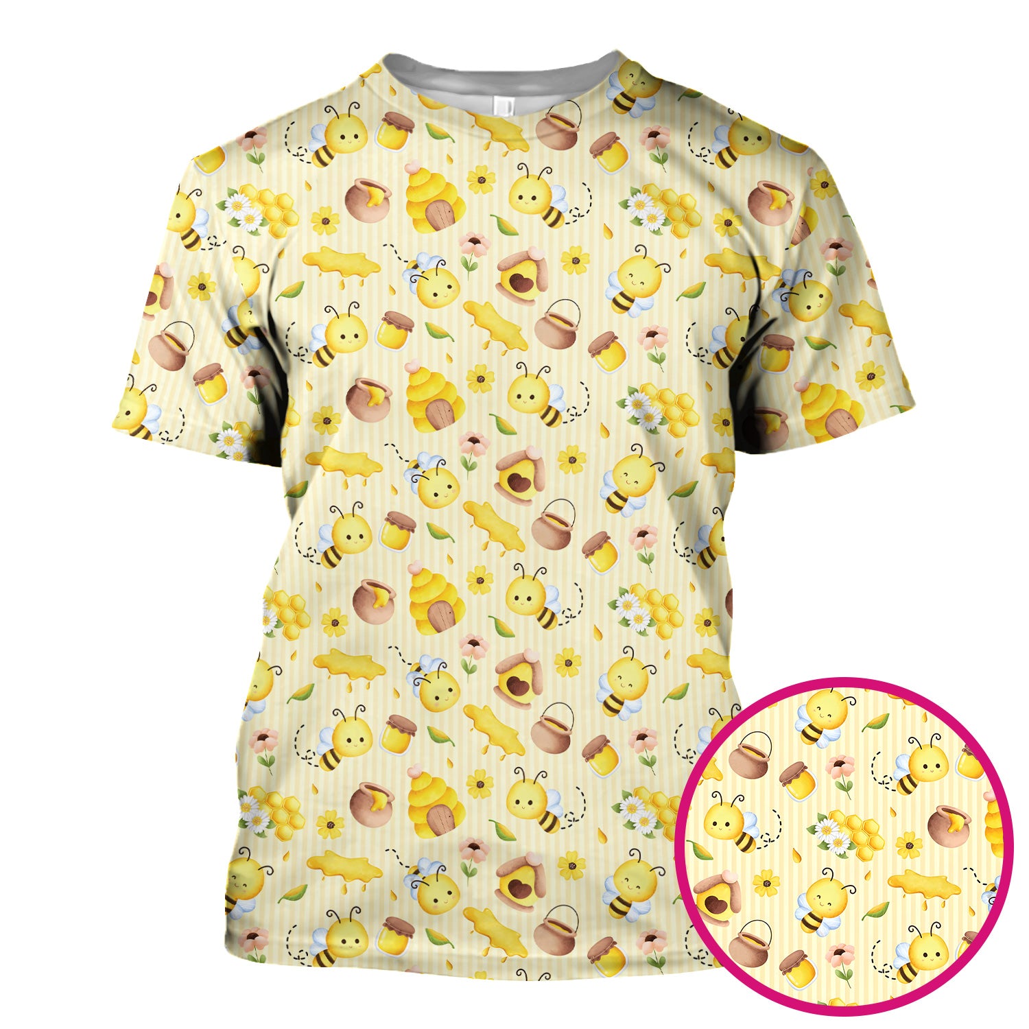 Cute Bee Honey Flower Stripe Pattern Scrub Top, Breathable Fabrics Nursing Uniform