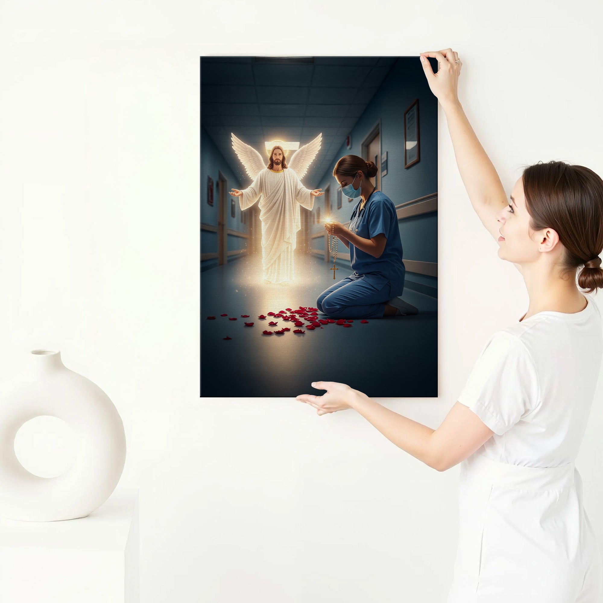 Christian Nurse Praying Canvas, Jesus Christ Angel and Nurse with Rosary Wall Art, RN LPN CNA Gift