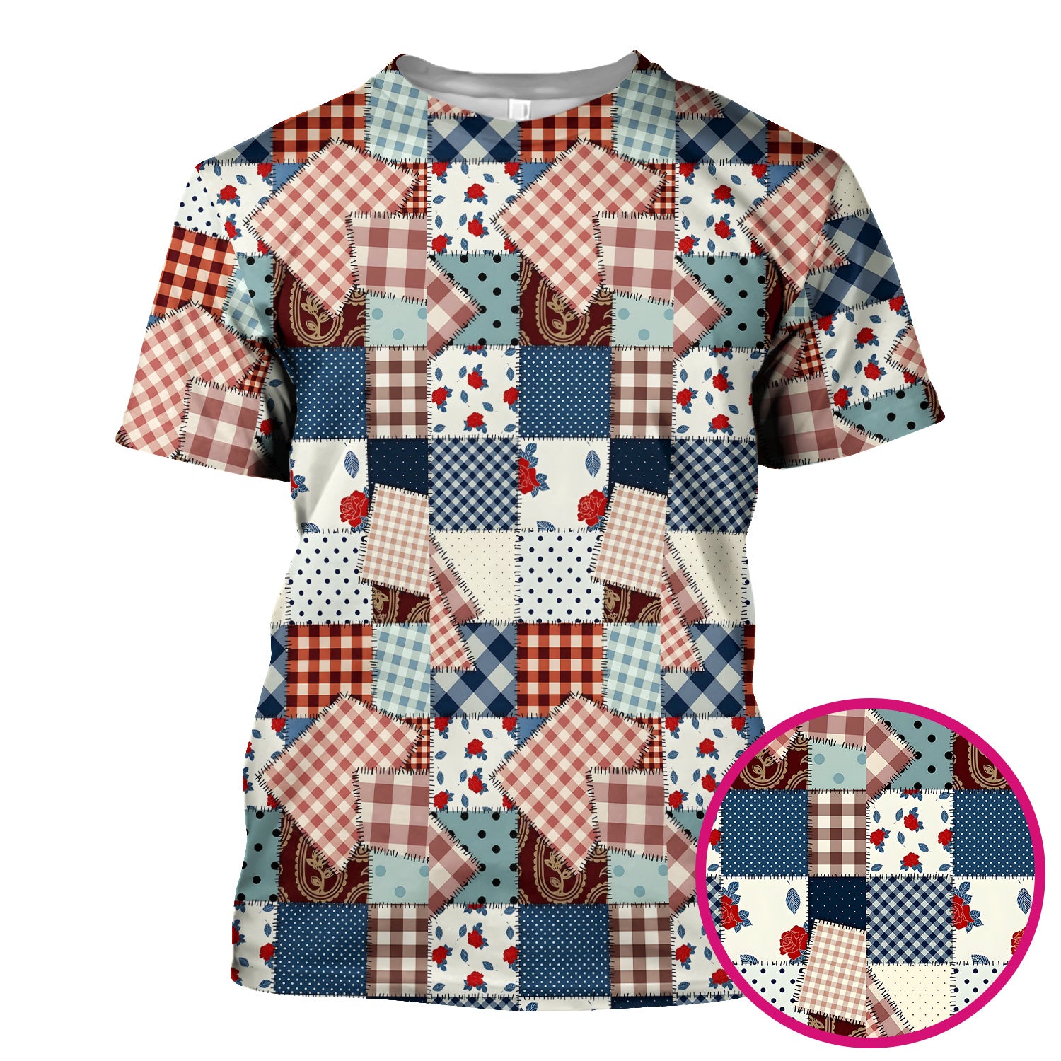 Retro Patchwork Plaid Quilt Pattern Scrub Top, Comfortable Scrubs for Nurses