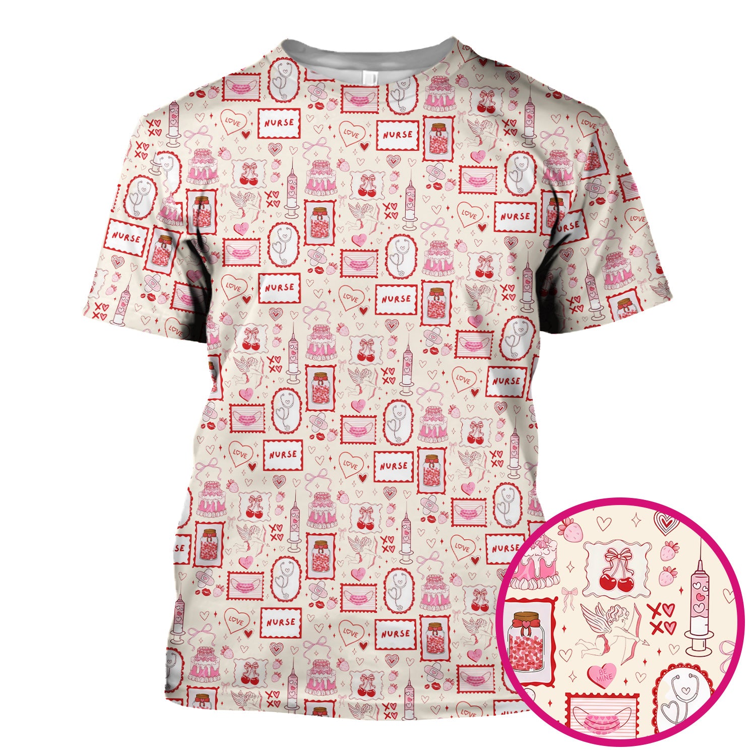 Nurse Icons Hearts Syringes Valentine Scrub Top, Breathable Nursing Uniform