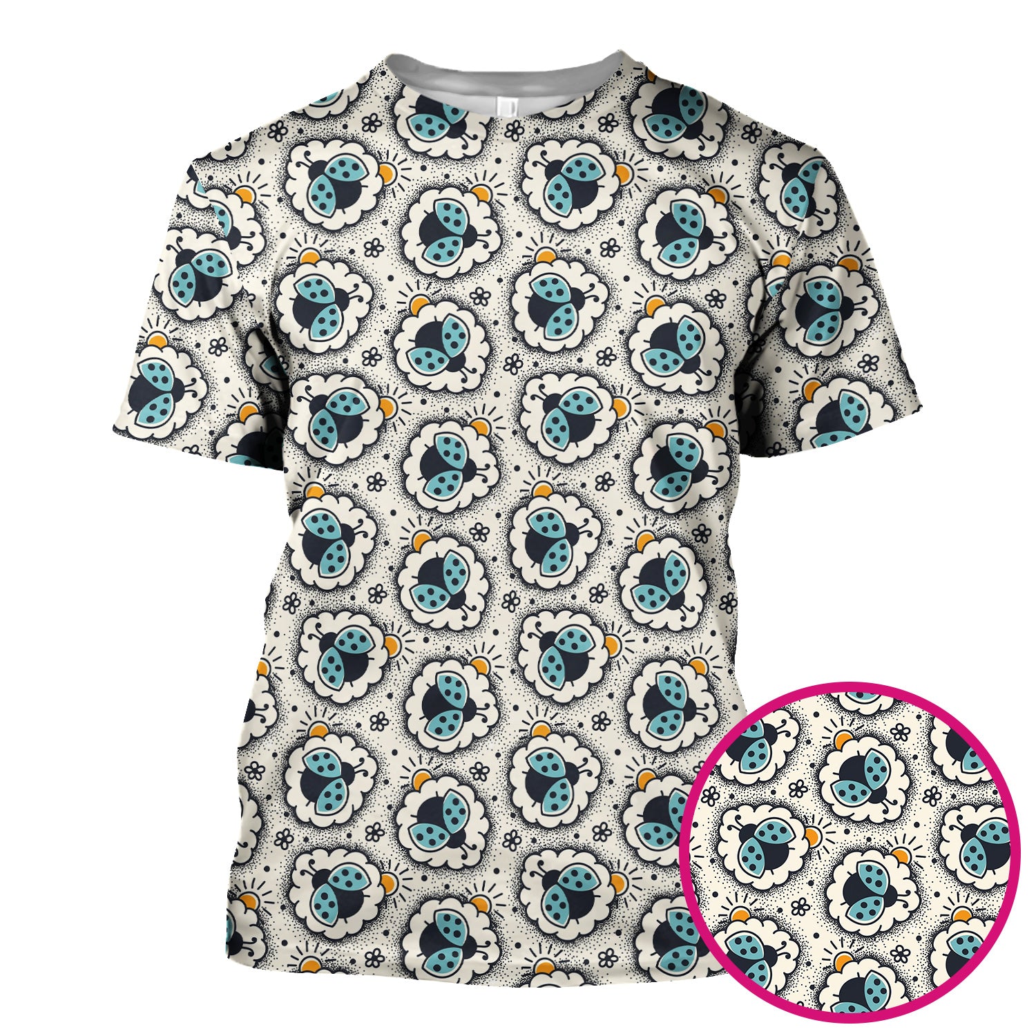 Cute Ladybug in Floral Frame Pattern Scrub Top, Breathable Fabrics Nursing Uniform