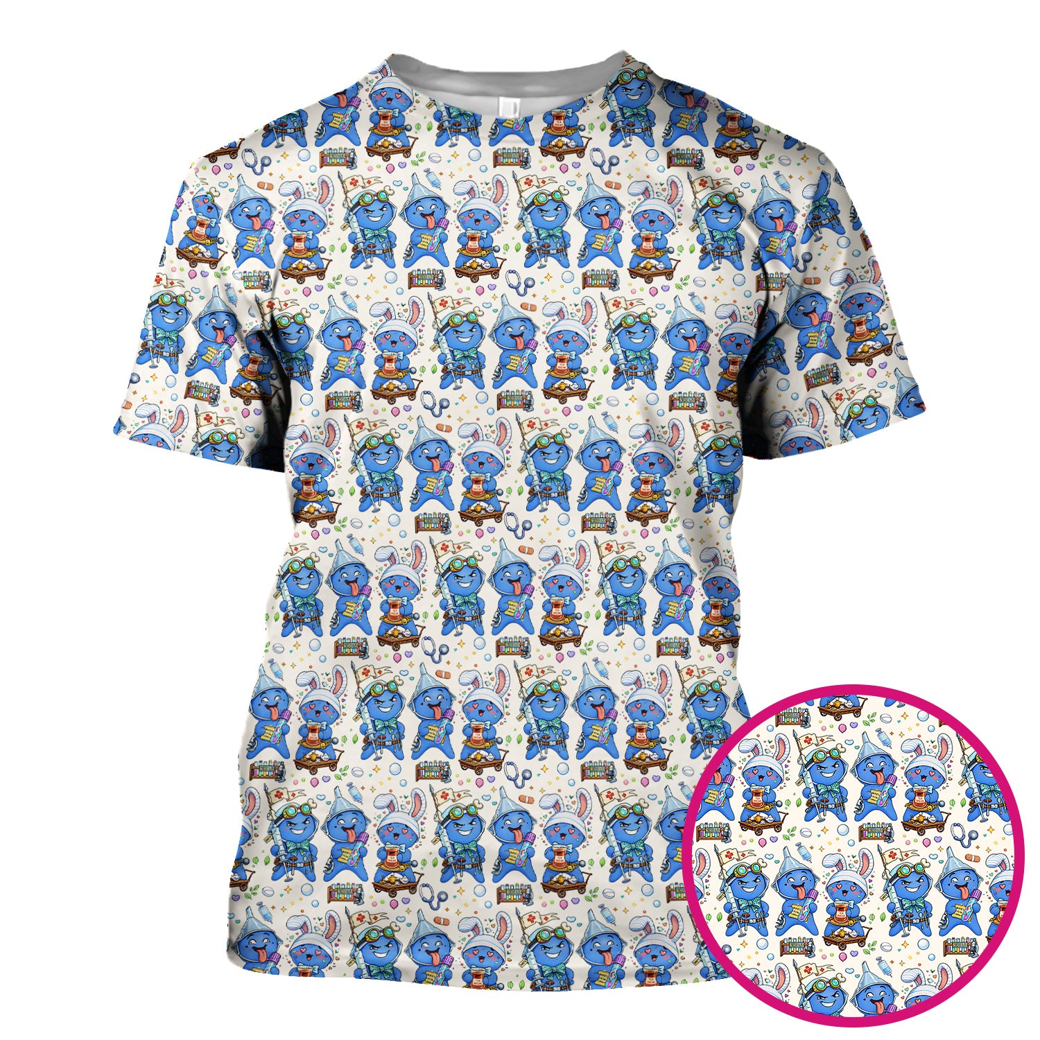 Cute Glove Doll Hospital Medical Cartoon Nurse Pattern Scrub Top, Comfortable Scrubs for Nurses