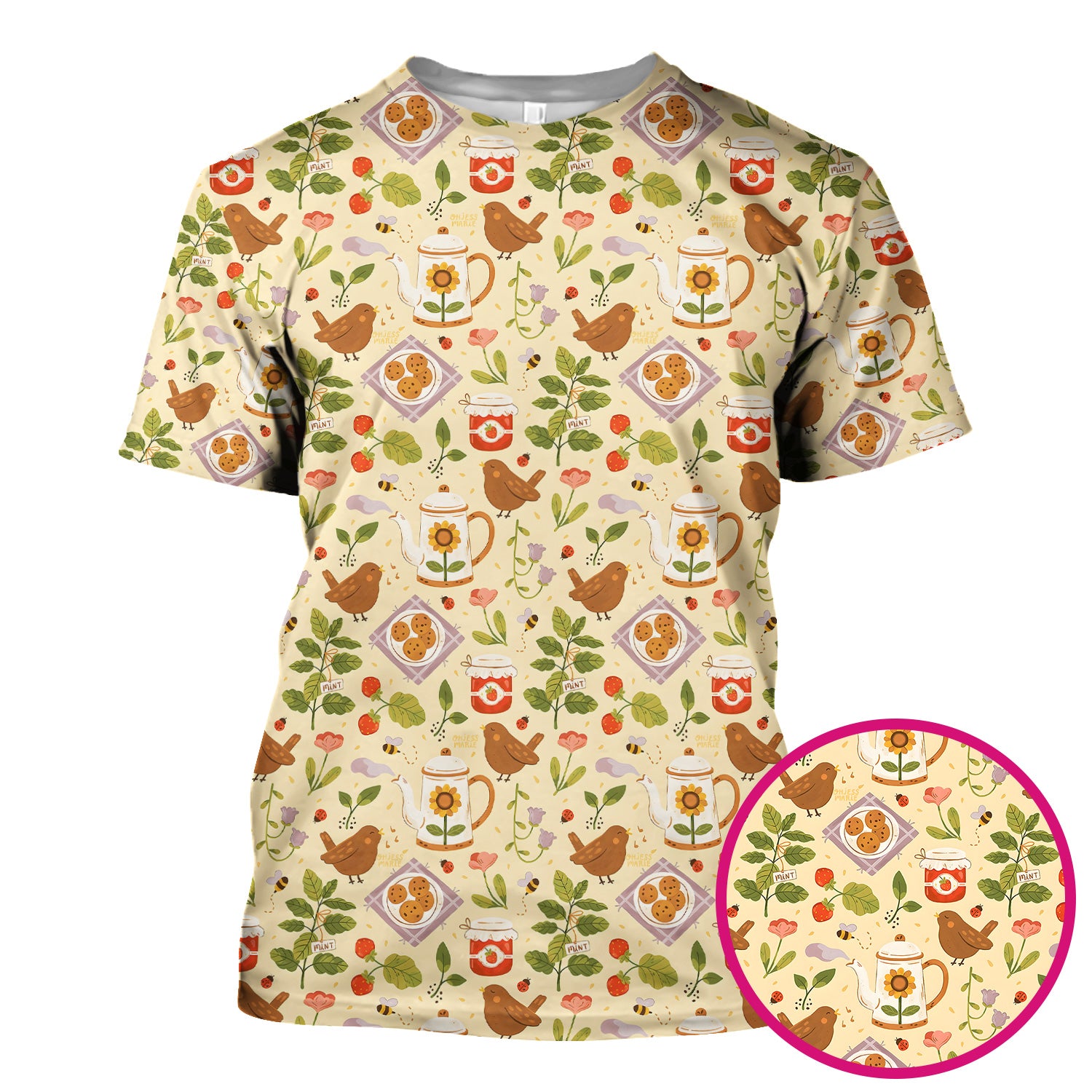 Cute Garden Tea Bird Strawberry Pattern Scrub Top, Comfortable Scrubs for Nurses