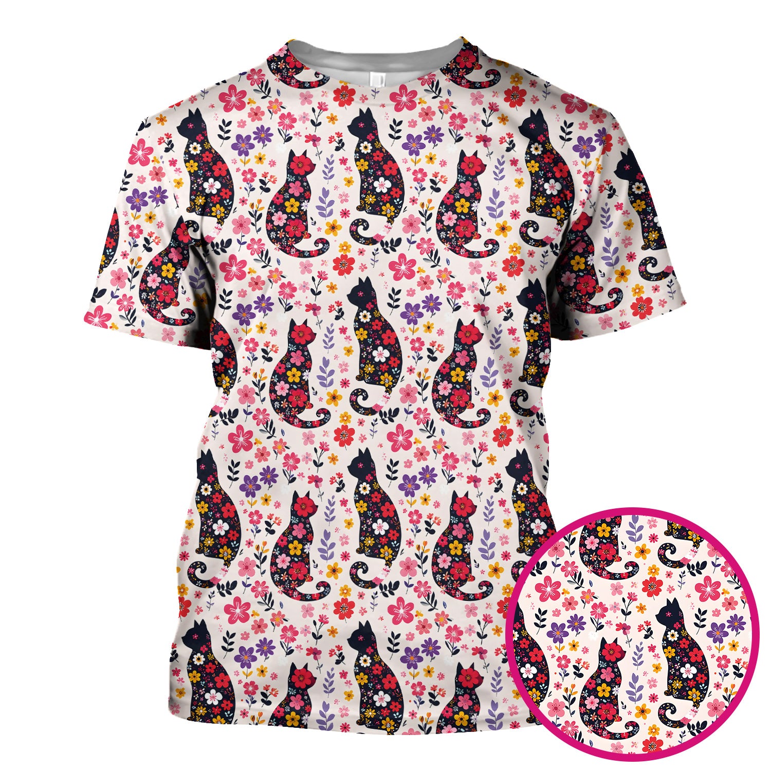 Floral Cat Silhouette Spring Garden Pattern Scrub Top, Comfortable Scrubs for Nurses