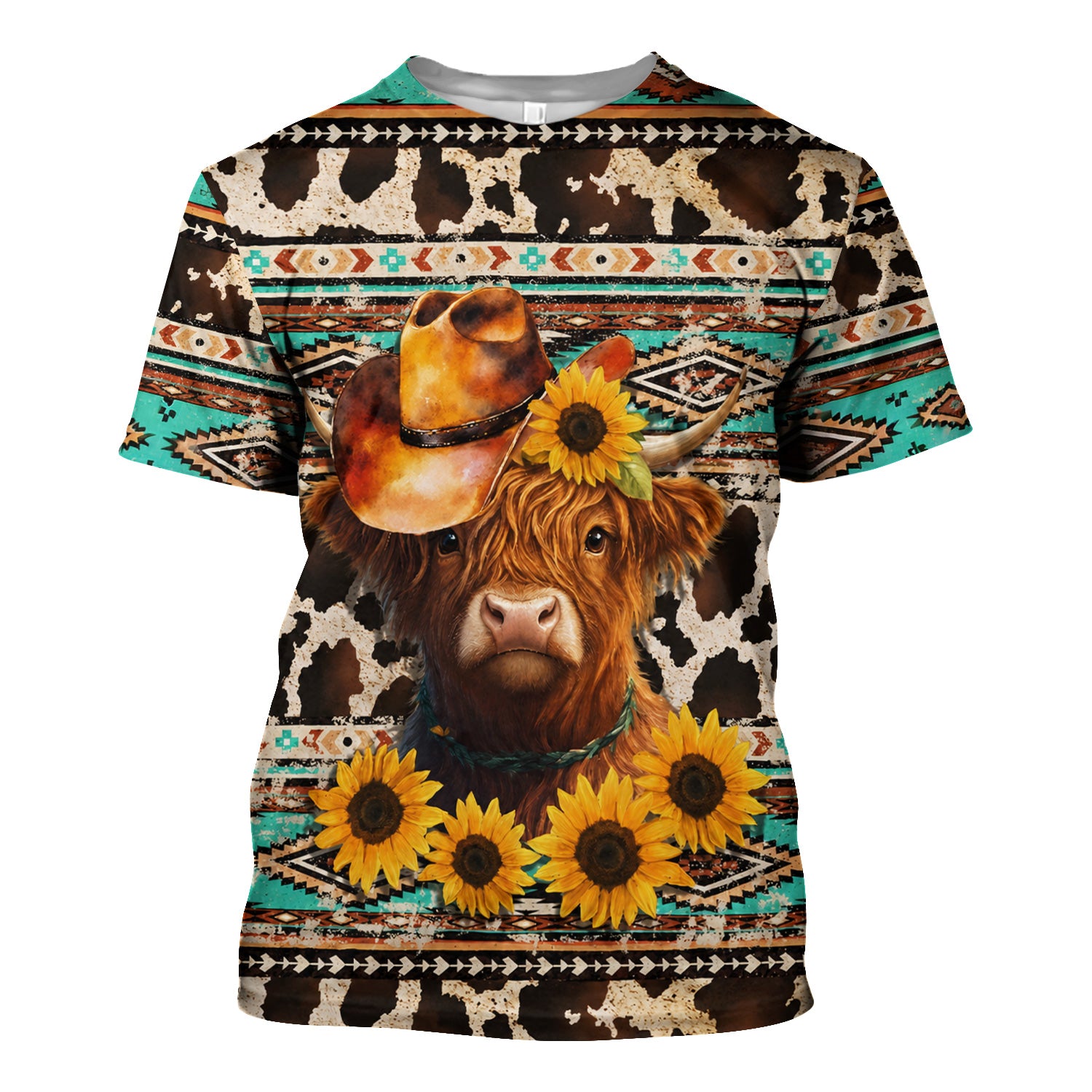 Western Highland Cow Sunflowers Print Scrub Top, Comfortable Scrubs for Nurses