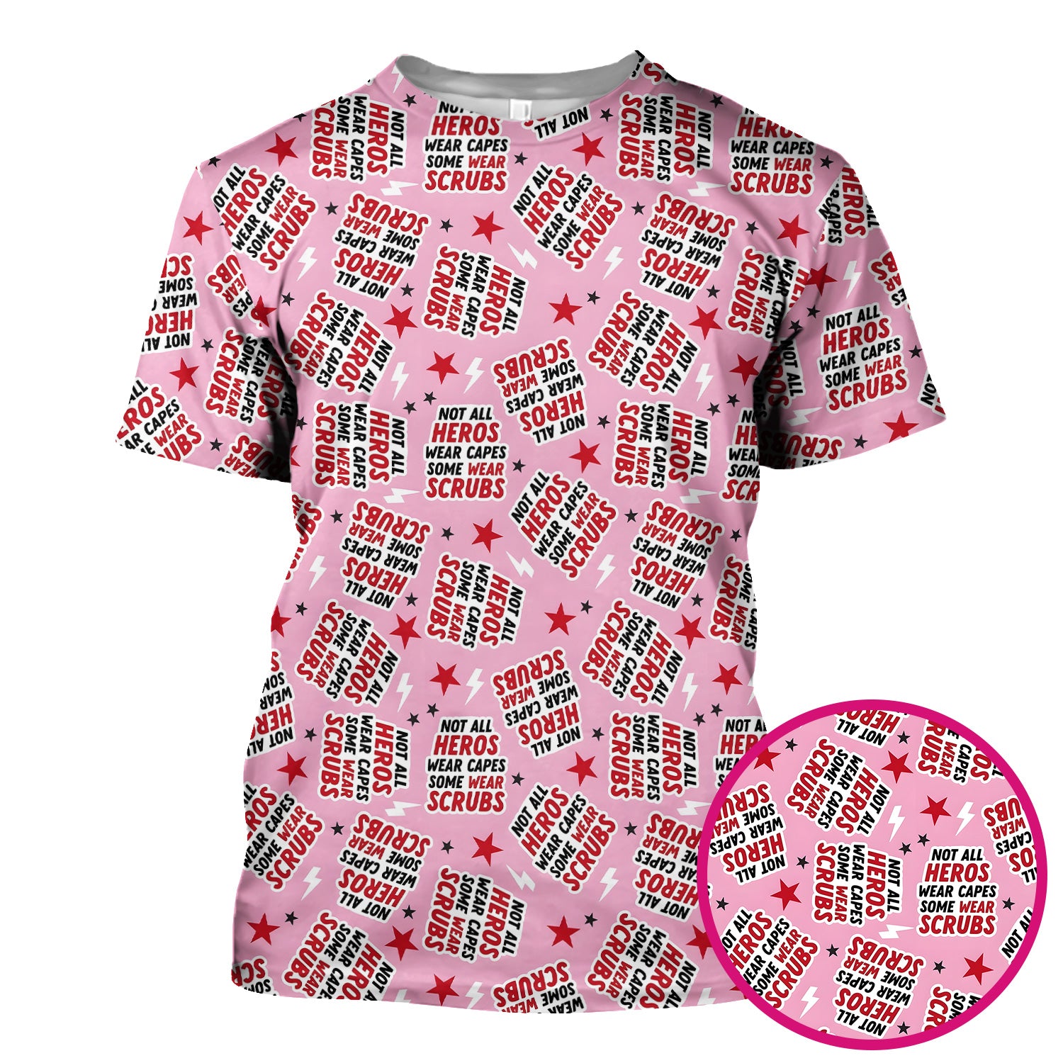 Not All Heroes Wear Scrubs Quote Stars Lightning Pattern Scrub Top, Comfortable Scrubs for Nurses