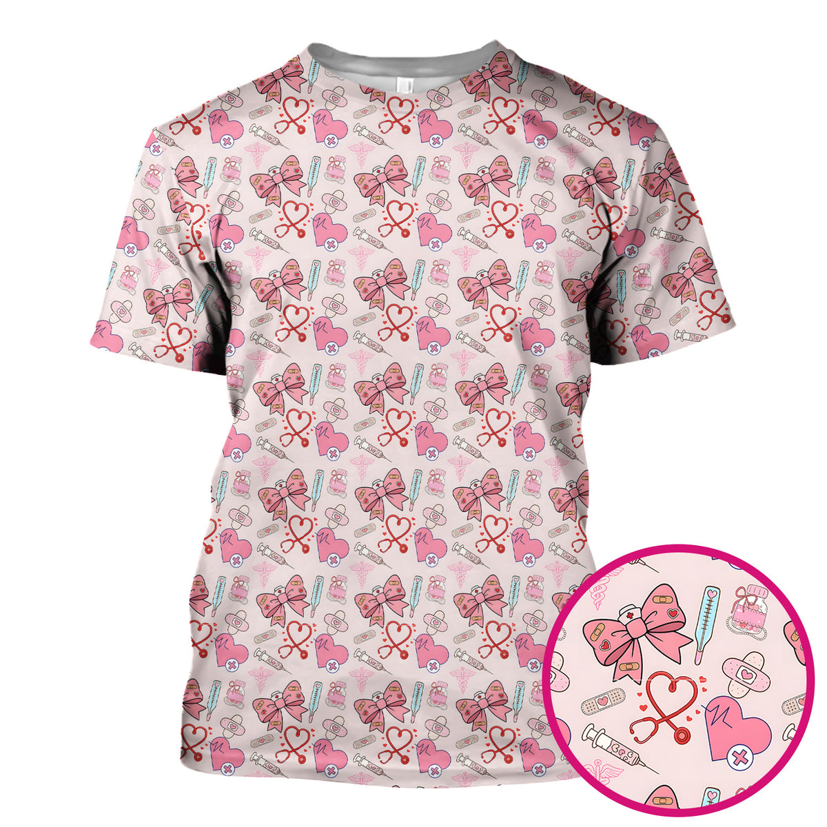 Pink Nurse Bow Heart Print Scrub Top, Comfortable Scrubs for Nurses