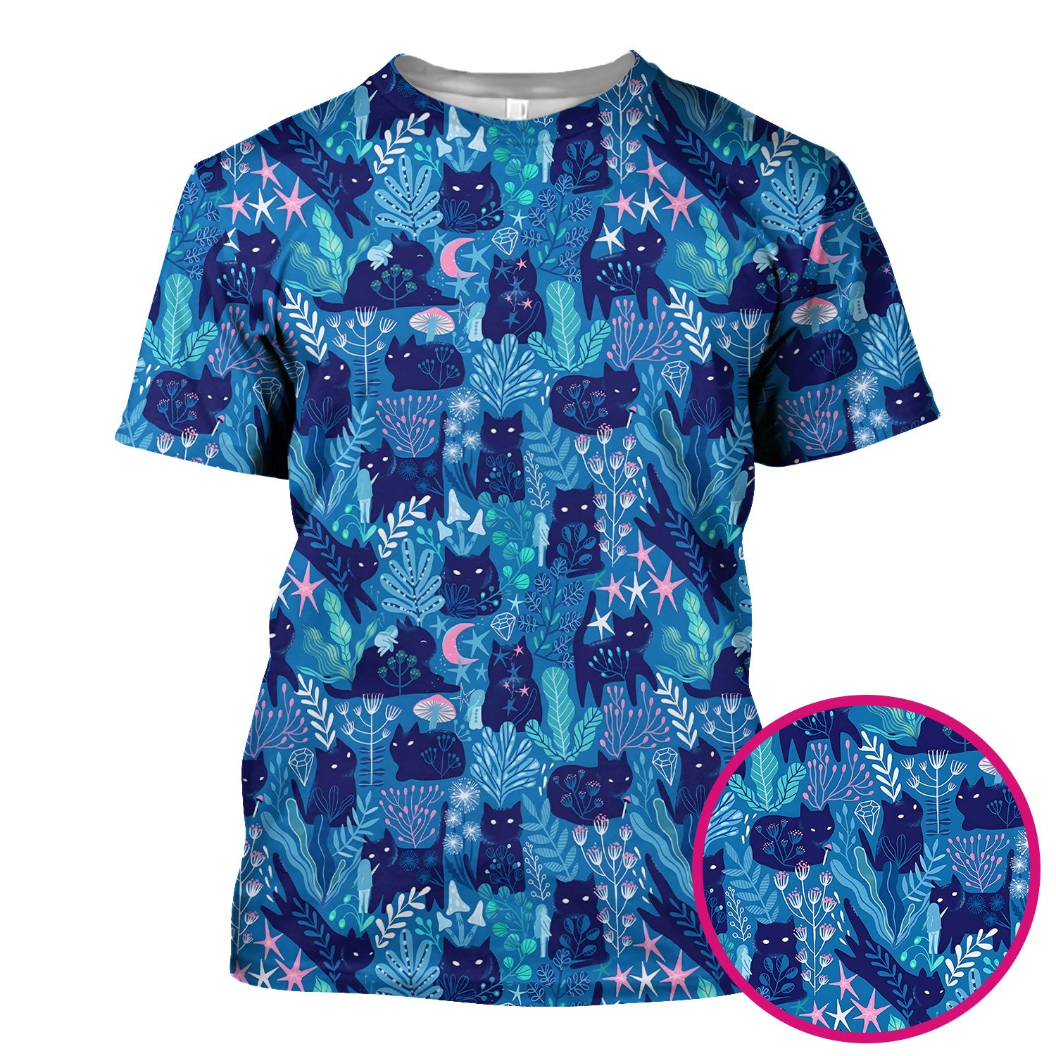 Adorable Celestial Cat Moon Star Pattern Scrub Top, Comfortable Scrubs For Nurses