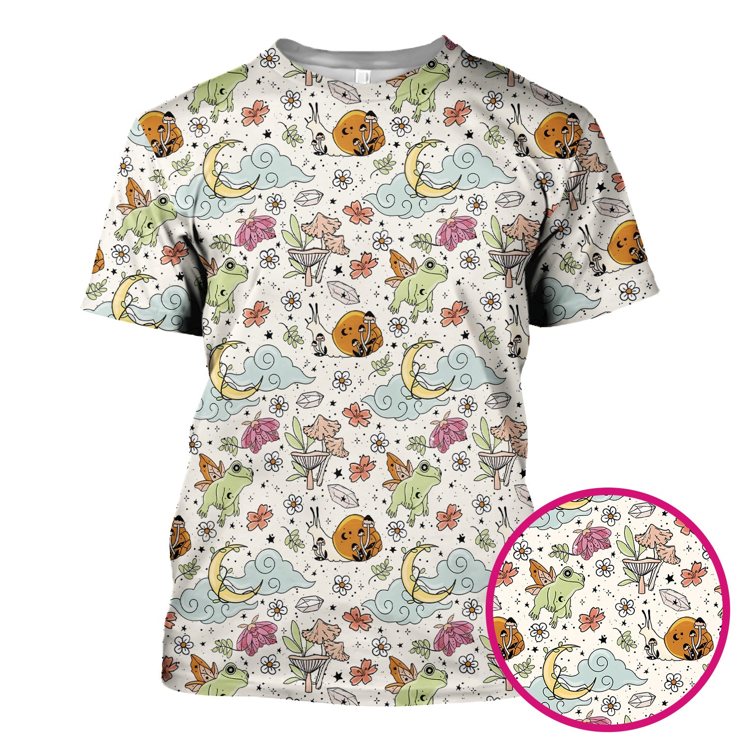 Whimsical Frog Moon Mushroom Pattern Scrub Top, Fantasy Nature Print, Breathable Fabrics Nursing Uniform