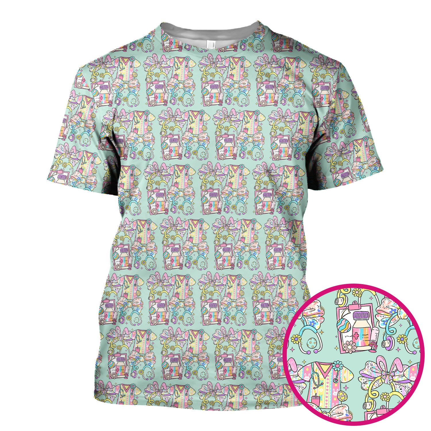 Colorful Nurse Scrub Supplies Pattern Scrub Top, Breathable Fabrics Nursing Uniform