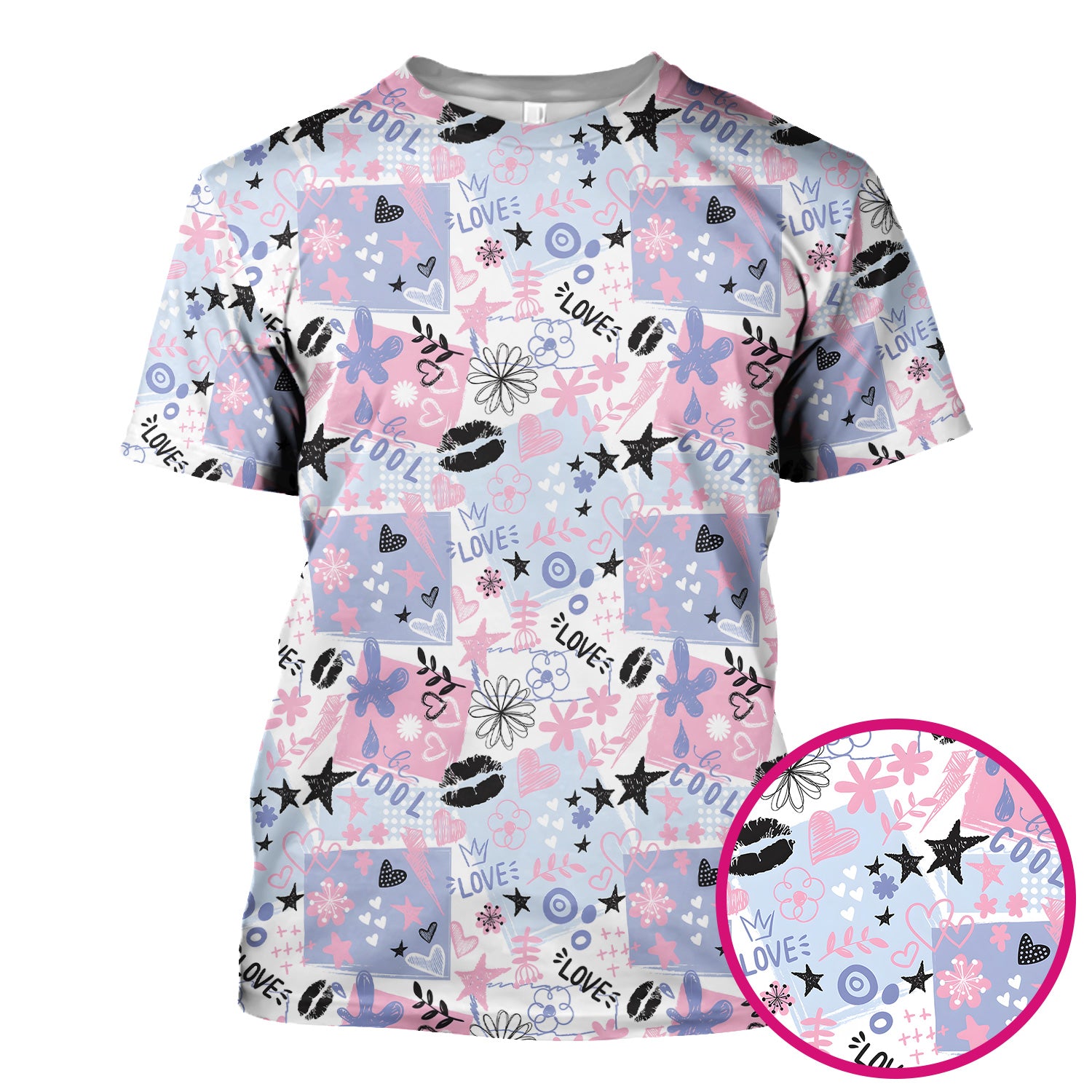 Cute Love Hearts Doodle Print Scrub Top, Comfortable Scrubs for Nurses