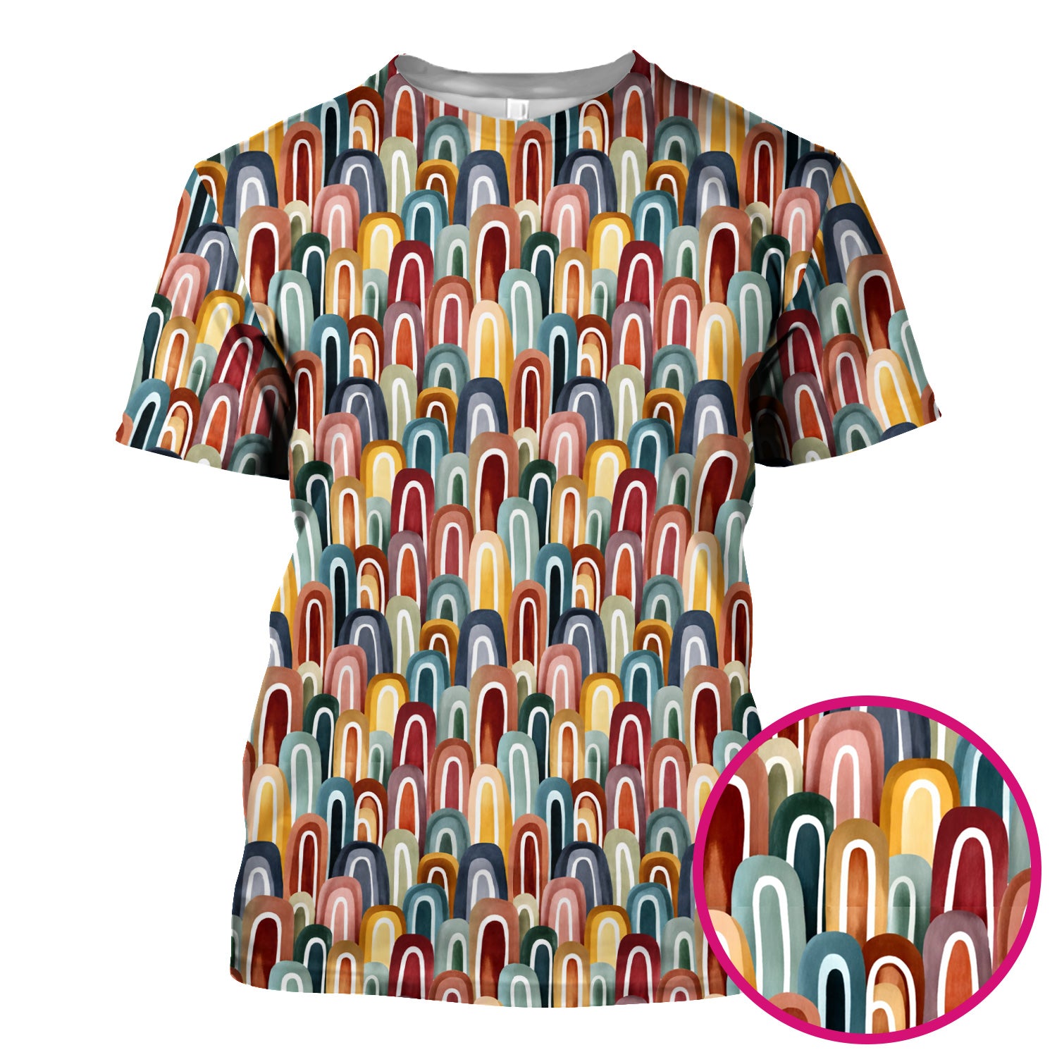 Retro Boho Rainbow Arch Pattern Scrub Top, Colorful Geometric Nursing Uniform for Women