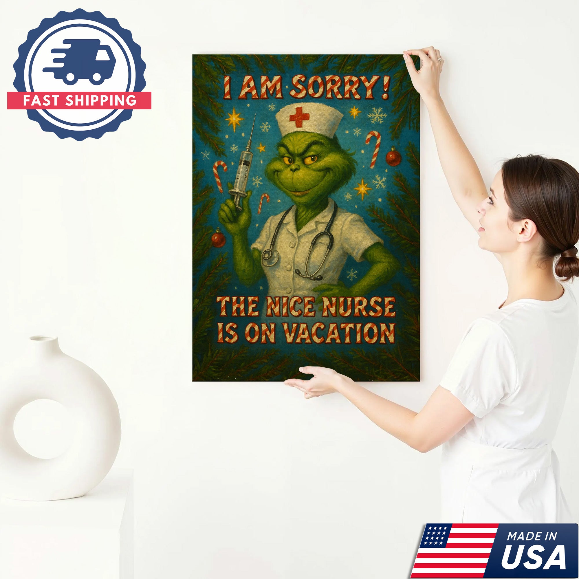 Funny Nurse Wall Art Canvas - Grinch Christmas Quote The Nice Nurse Is On Vacation - Humorous Gift for Nurses Made in USA