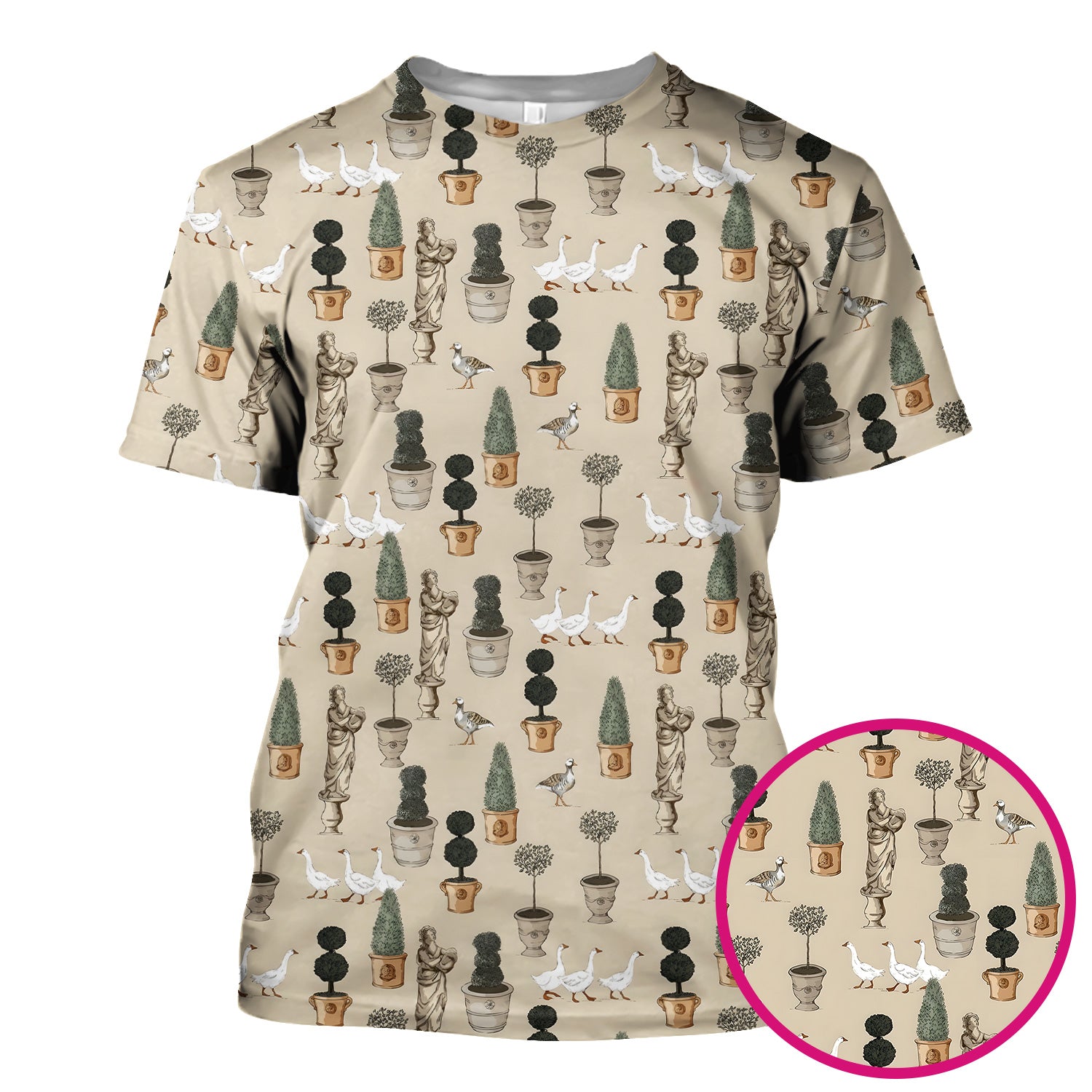 Vintage Garden Statue Topiary Goose Bird Pattern Scrub Top, Comfortable Scrubs for Nurses