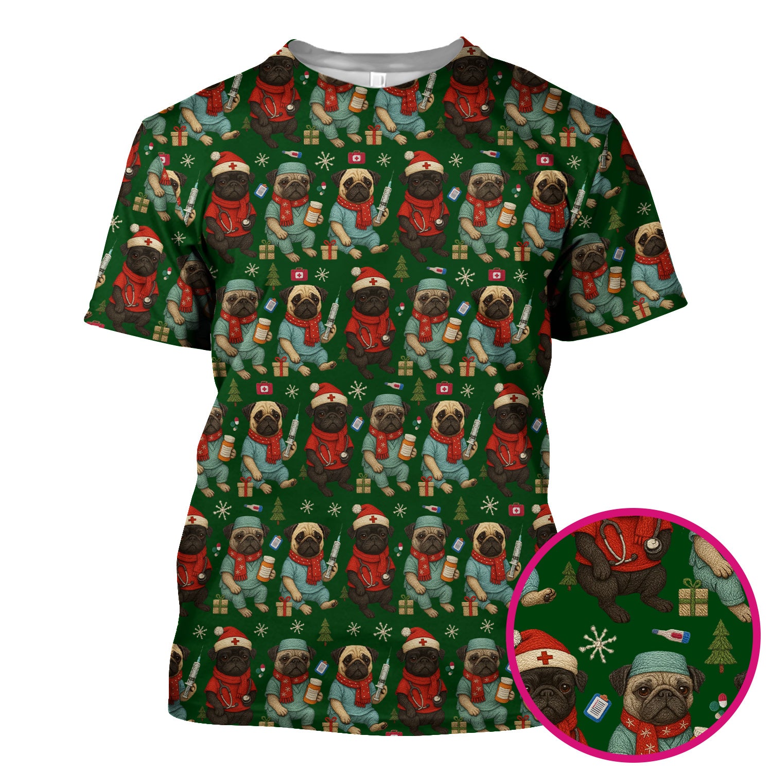 Christmas Pug Nurse Scrub Top, Cute Holiday Dog Medical Uniform Shirt For Nursing