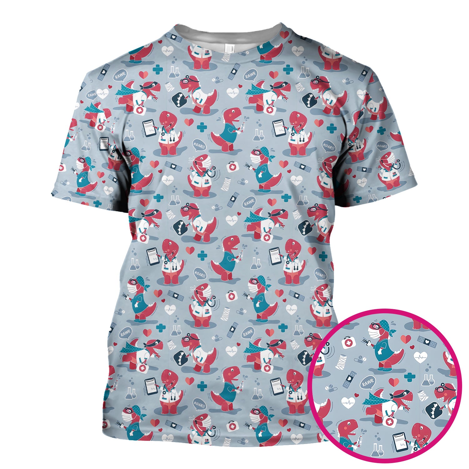 Cute Dinosaur Doctor Medical Pattern Scrub Top, Breathable Fabrics Nursing Uniform