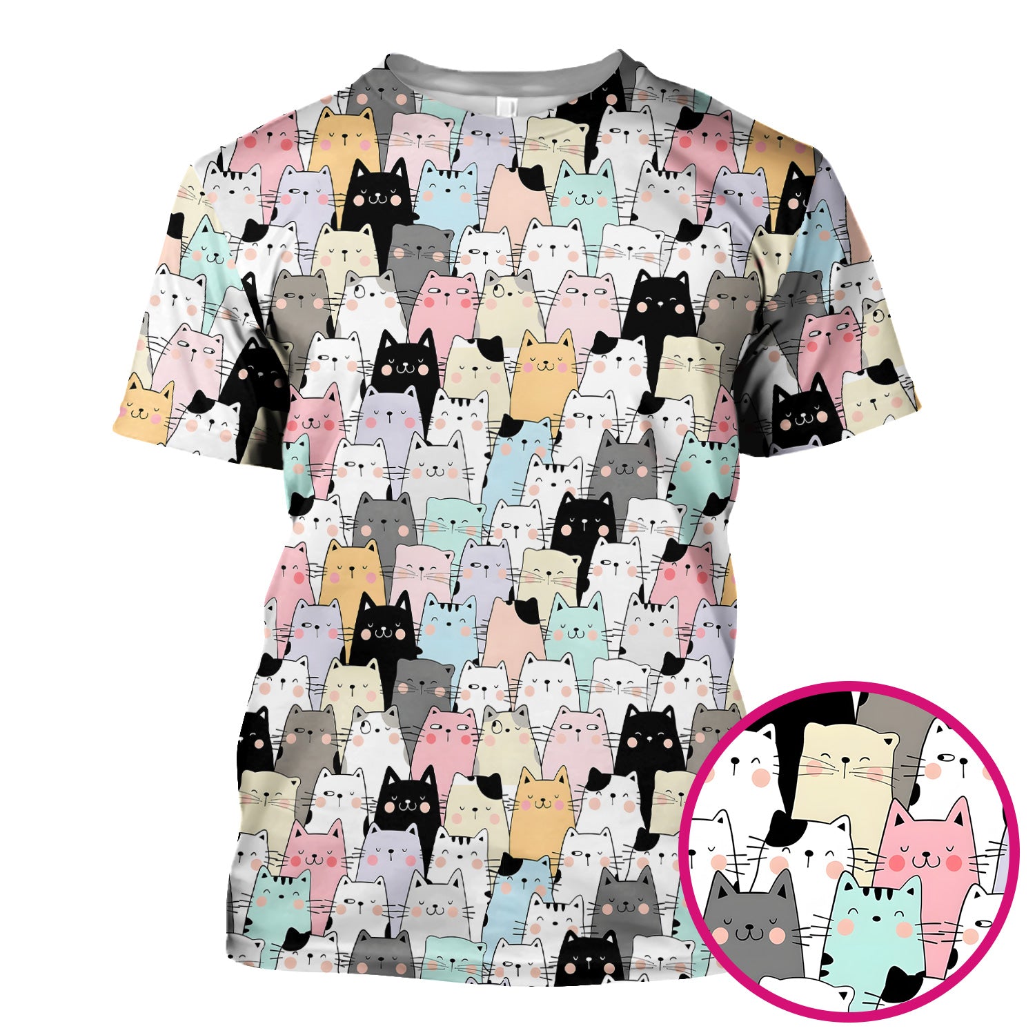 Playful Cartoon Cat Crowd Pattern Scrub Top, Comfortable Scrubs for Nurses