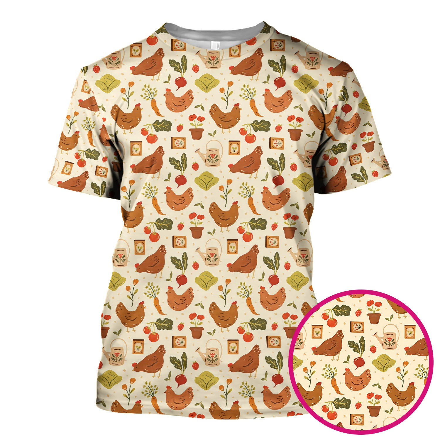 Rustic Farm Chicken Garden Vegetable Pattern Scrub Top, Comfortable Scrubs for Nurses