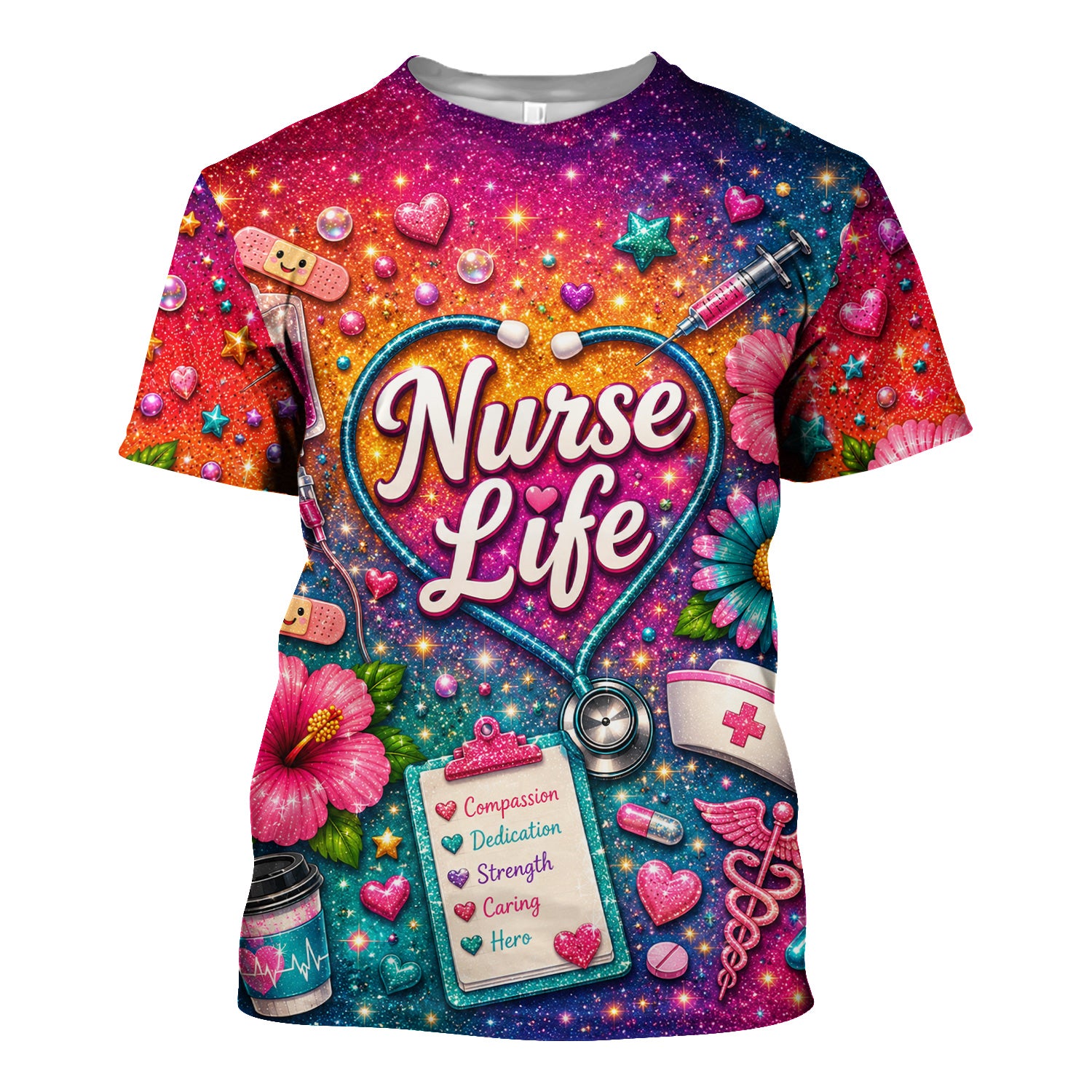 Colorful Nurse Life Heart Pattern Scrub Top, Comfortable Scrubs for Nurses