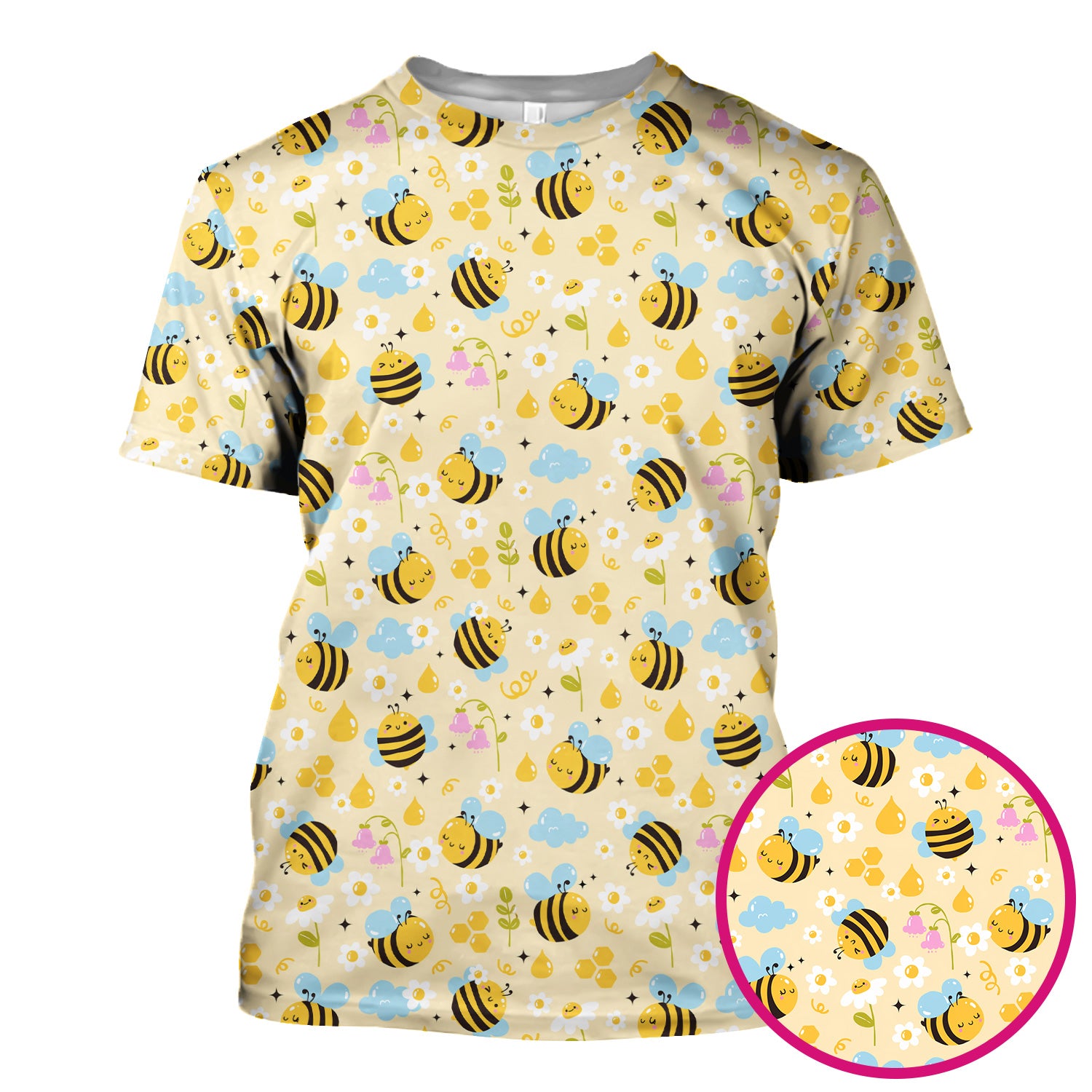 Honey Bee Flower Cloud Pattern Scrub Top, Breathable Fabrics Nursing Uniform