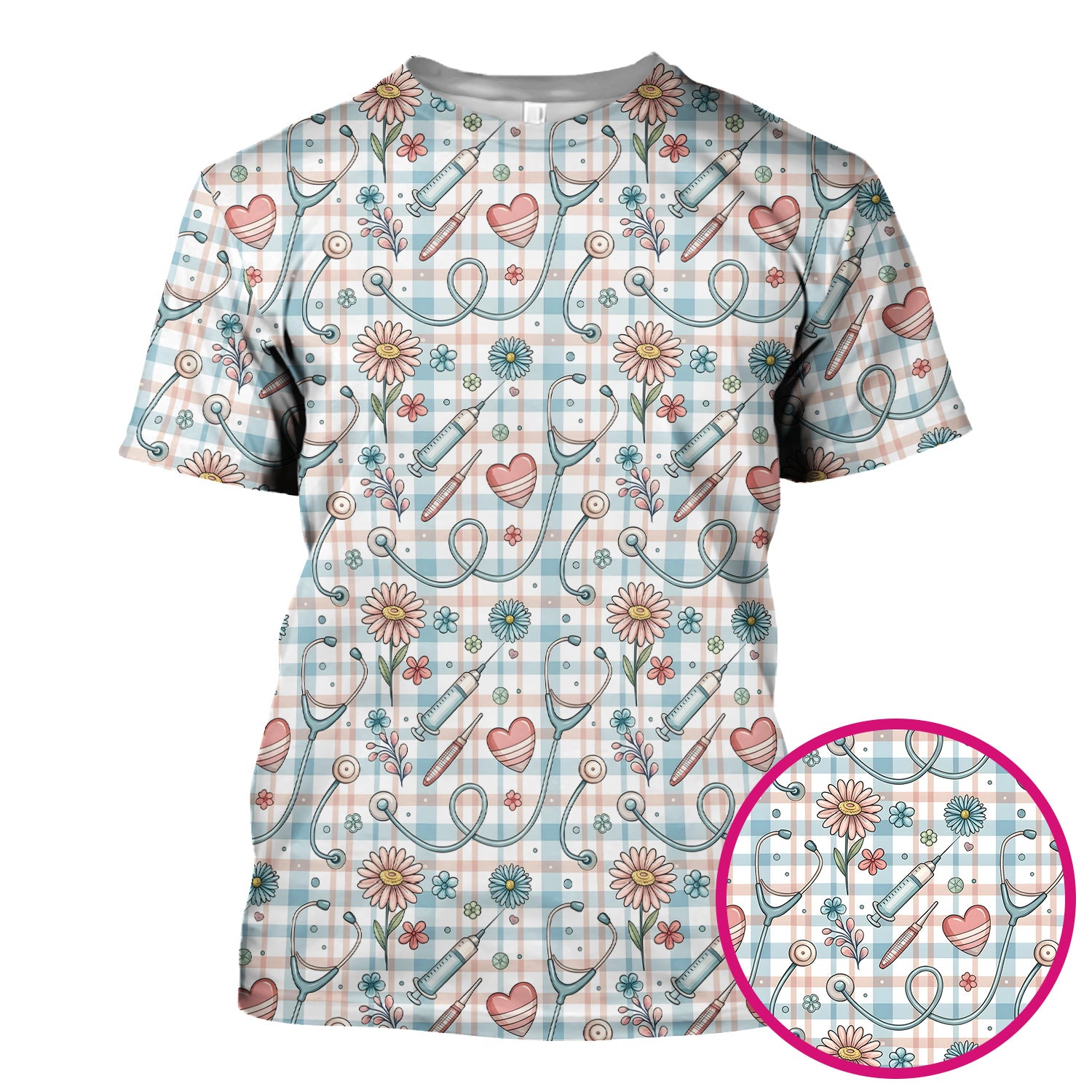 Stethoscope Heart Syringe Floral Plaid Pattern Scrub Top, Comfortable Scrubs for Nurses