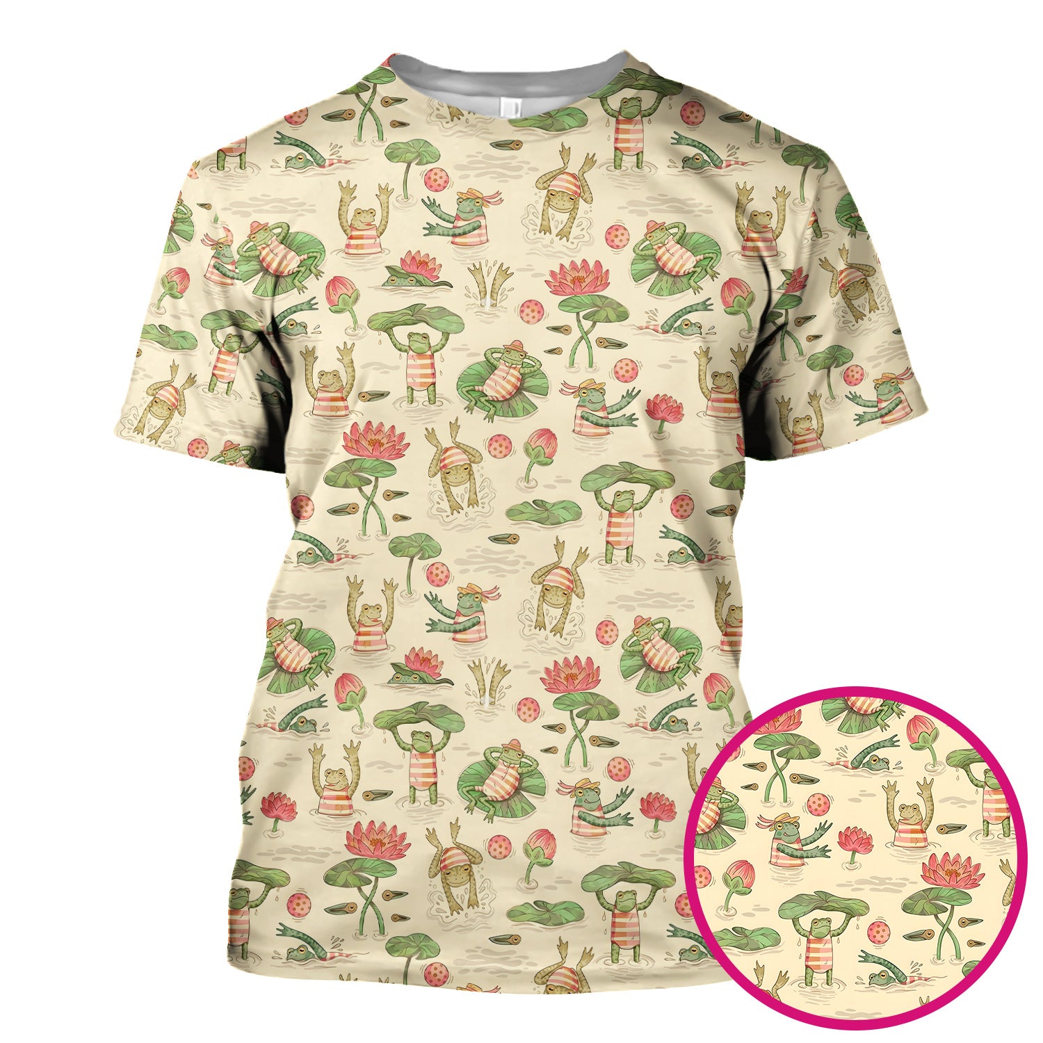 Cute Frogs Swimming Lily Pond Pattern Scrub Top, Comfortable Scrubs for Nurses