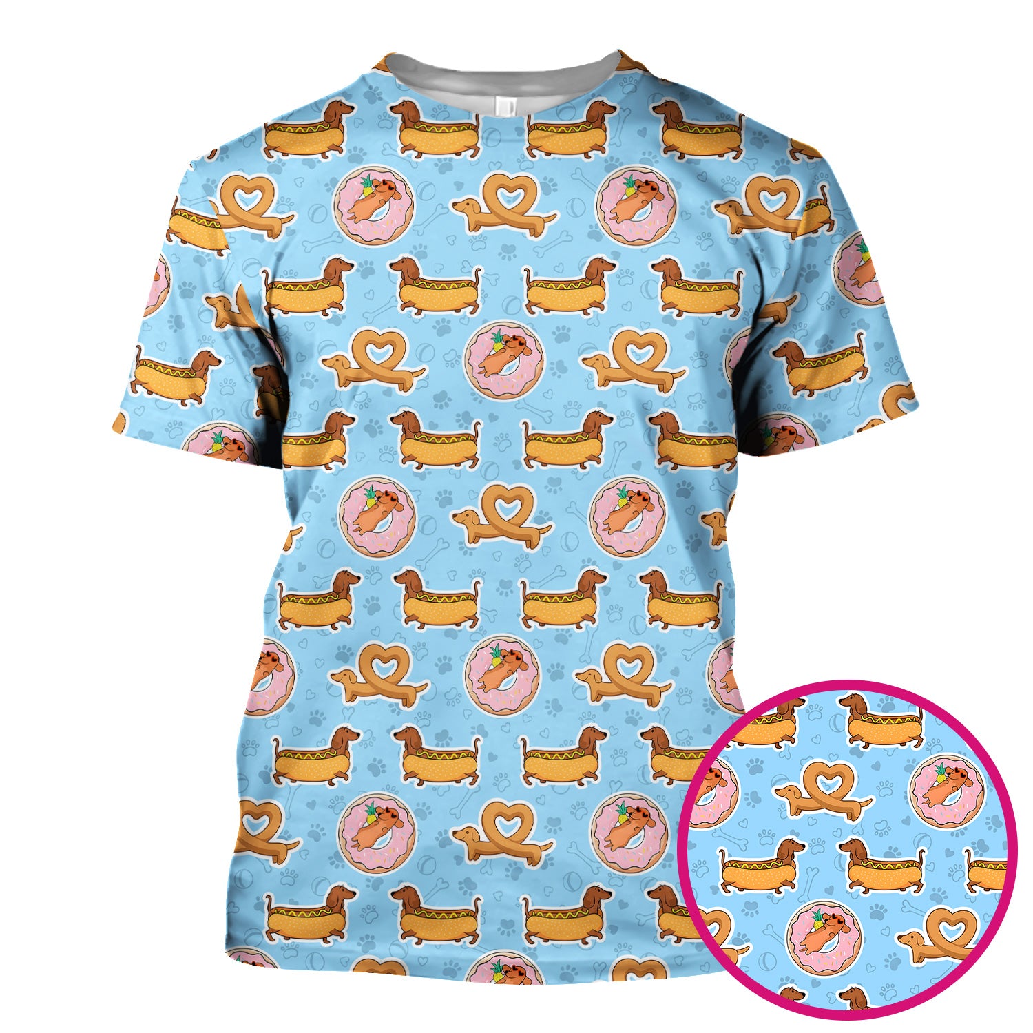 Cute Dachshund Donut Heart Pattern Scrub Top, Comfortable Scrubs For Nurses