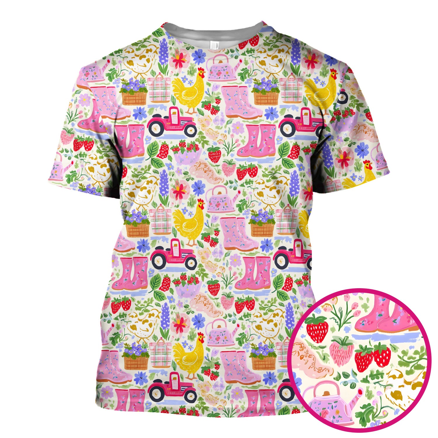 Cute Farm Garden Chicken Pattern Scrub Top, Colorful Spring Countryside Nursing Uniform for Women